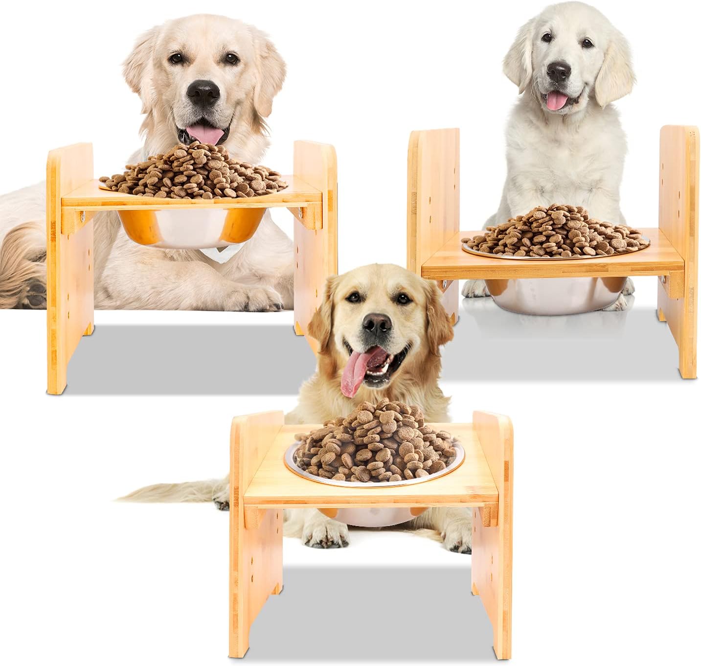Small Elevated Bamboo and Stainless Steel Pet Bowls