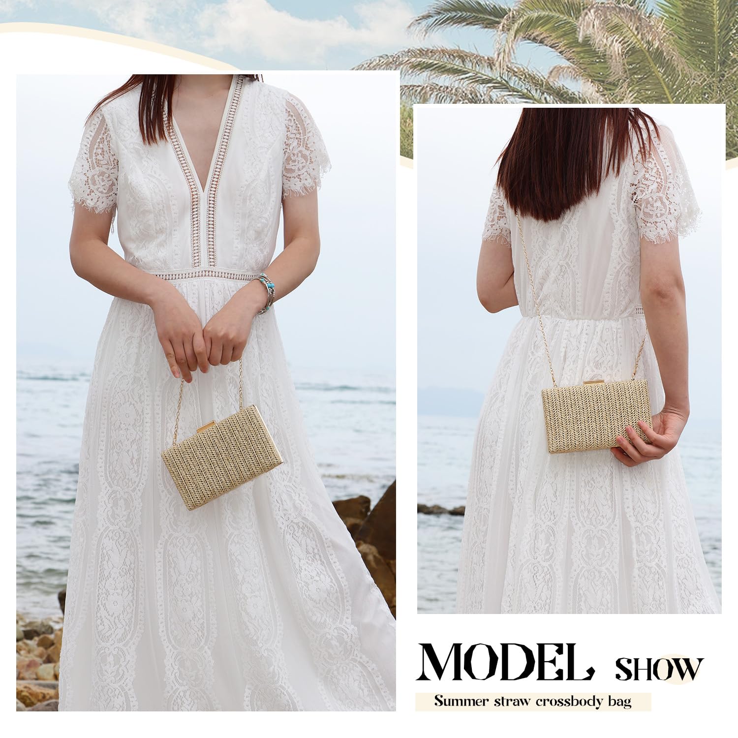 EVEOUT Słomiana kopertówka dla kobiet lato Boho Clutch łańcuszek na wesele impreza pleciona torba na ramię plaża wakacje