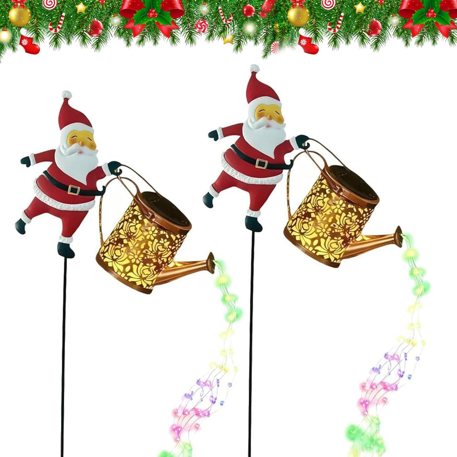 Kouamor Colorful*2 86Cm White/Colorful Christmas Santa Solar Lights, Christmas Santa With Kettle Solar Lights, Garden Lawn Decorative Lights, For Patio Lawn Xmas Decor Courtyard Walkway (Colorful*2)
