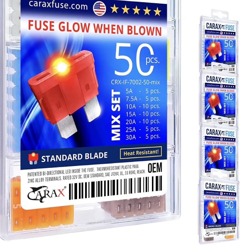 Kit de Fusíveis Automotivos CARAX Standard Blade ATC/ATO/ATS com LED – 50 unidades