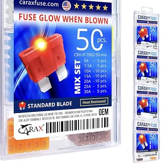 CARAX Premium Fuse Standard/Regular Blade ATC/ATO/ATS 50 pcs. Assortment Kit LED Automotive Fuse Smart Auto Glow Fuse Easy Identification Mix 50 pcs.