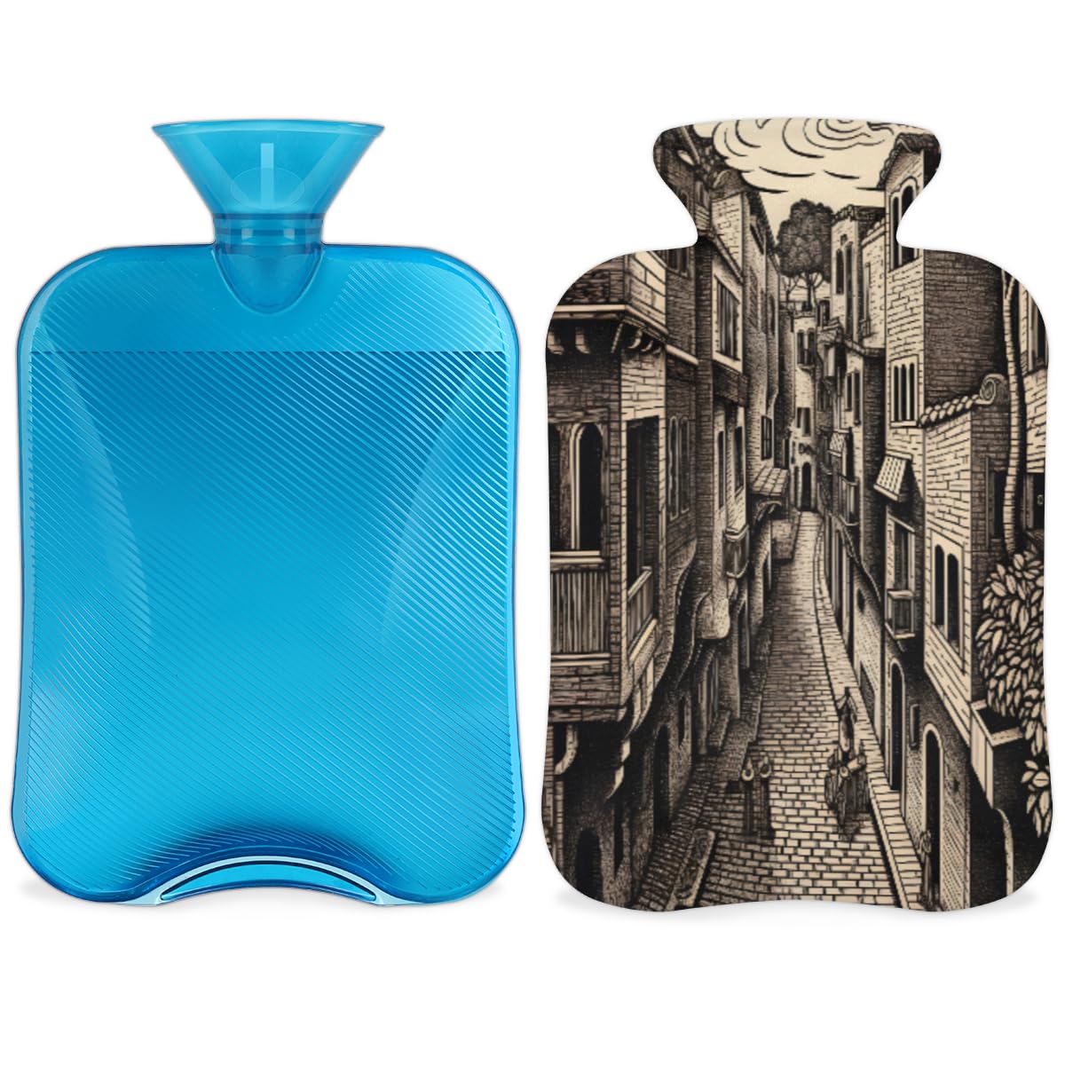 Hot Water Bottle with Soft Cover,2L Modern City Hot Water Bag for Hot and Cold Compress, Hand Feet Warmer, Fantastic City Rubber Hot or Cold Water Bottle Halloween Christmas Decorations