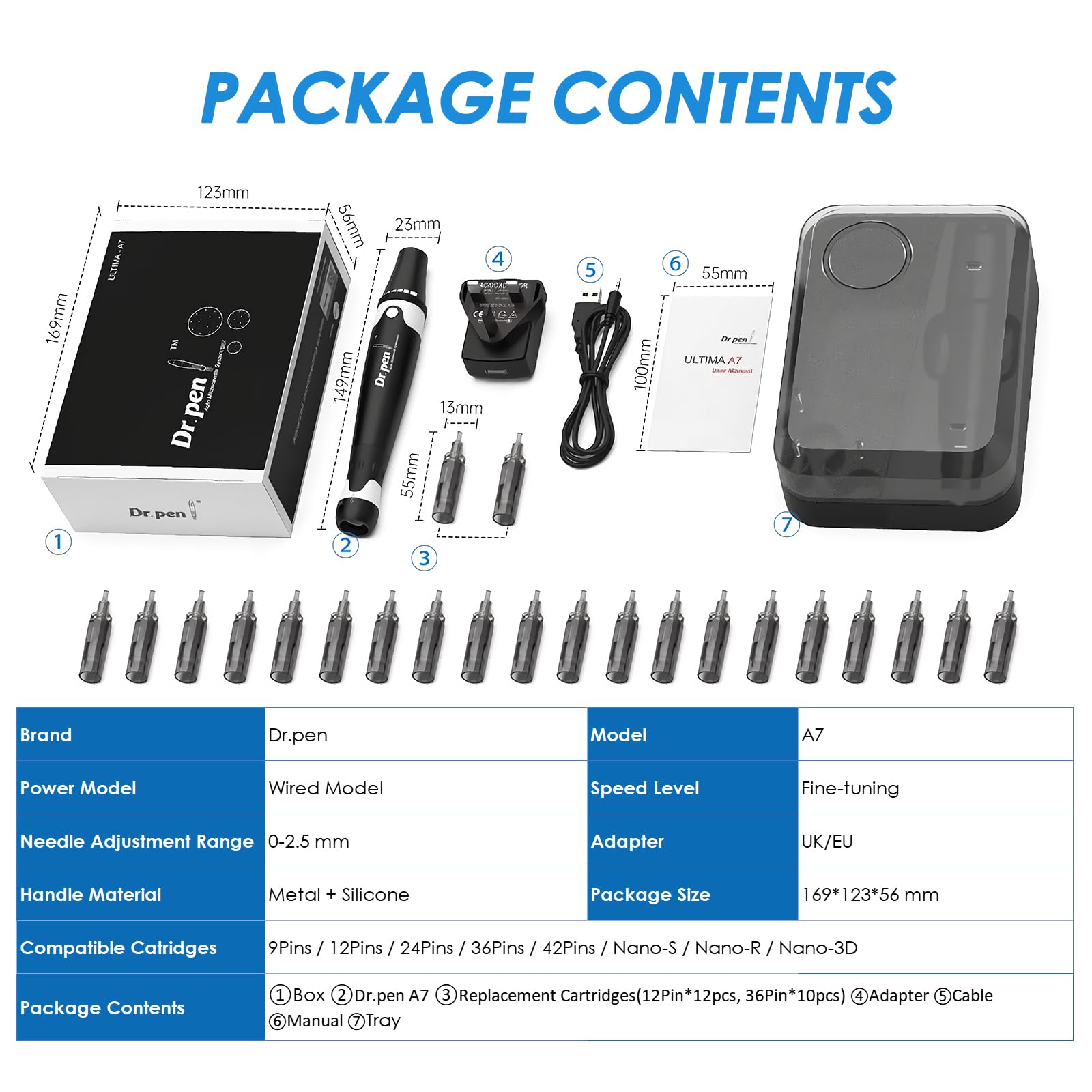 Dr.pen Ultima A7, Microneedle Eléctrico Auto Stamp, Máquina de Microagujas Ajustablede con 22 Cartuchos para Acne Perdida Cabello Arrugas Estrías Cicatriz, Derma Pen 0-2.5mm para Facial y Cuerpo