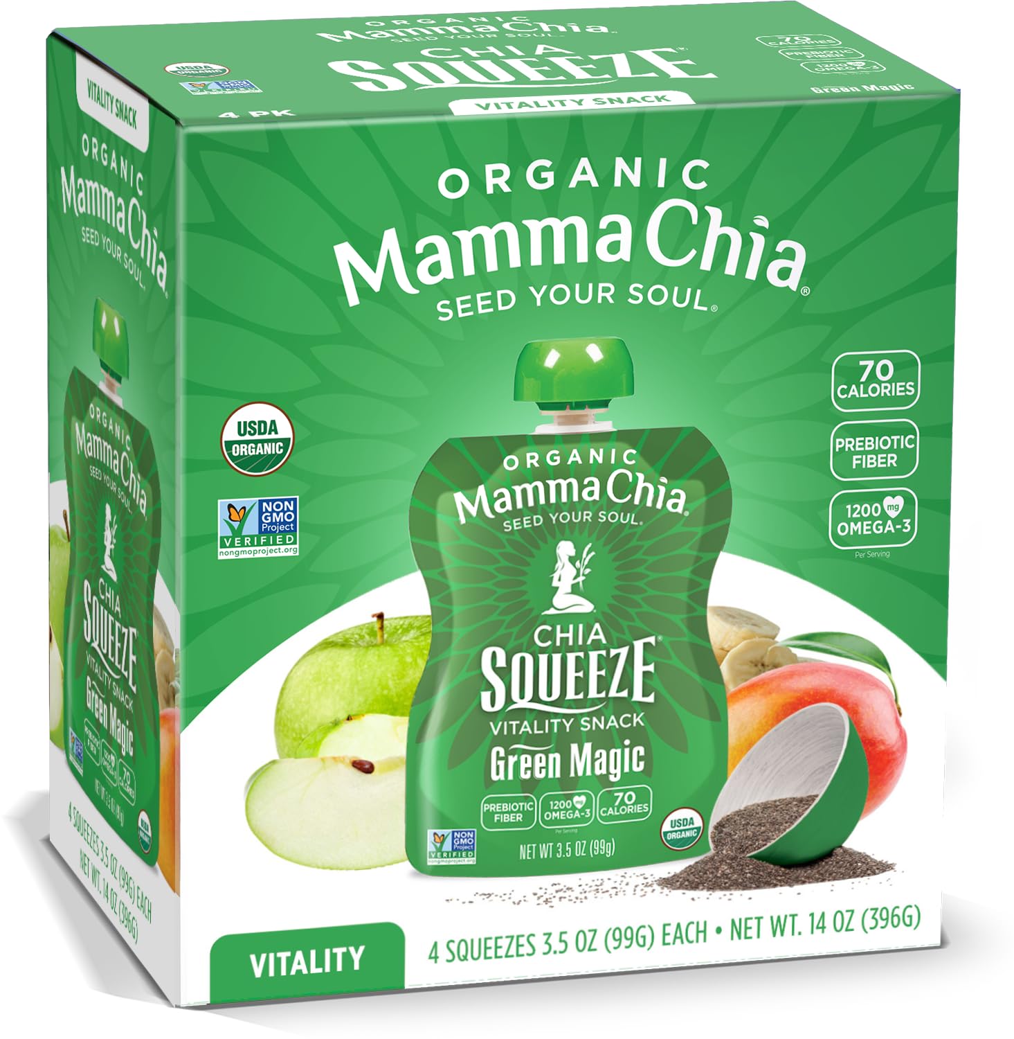 Organic Vitality Squeeze Snack, Green Magic, 24- 3.05 Ounce Chia Snack. USDA Organic, Non-GMO, Vegan, Gluten Free, and Kosher. Fruit and Vegetables with only 70 Calories