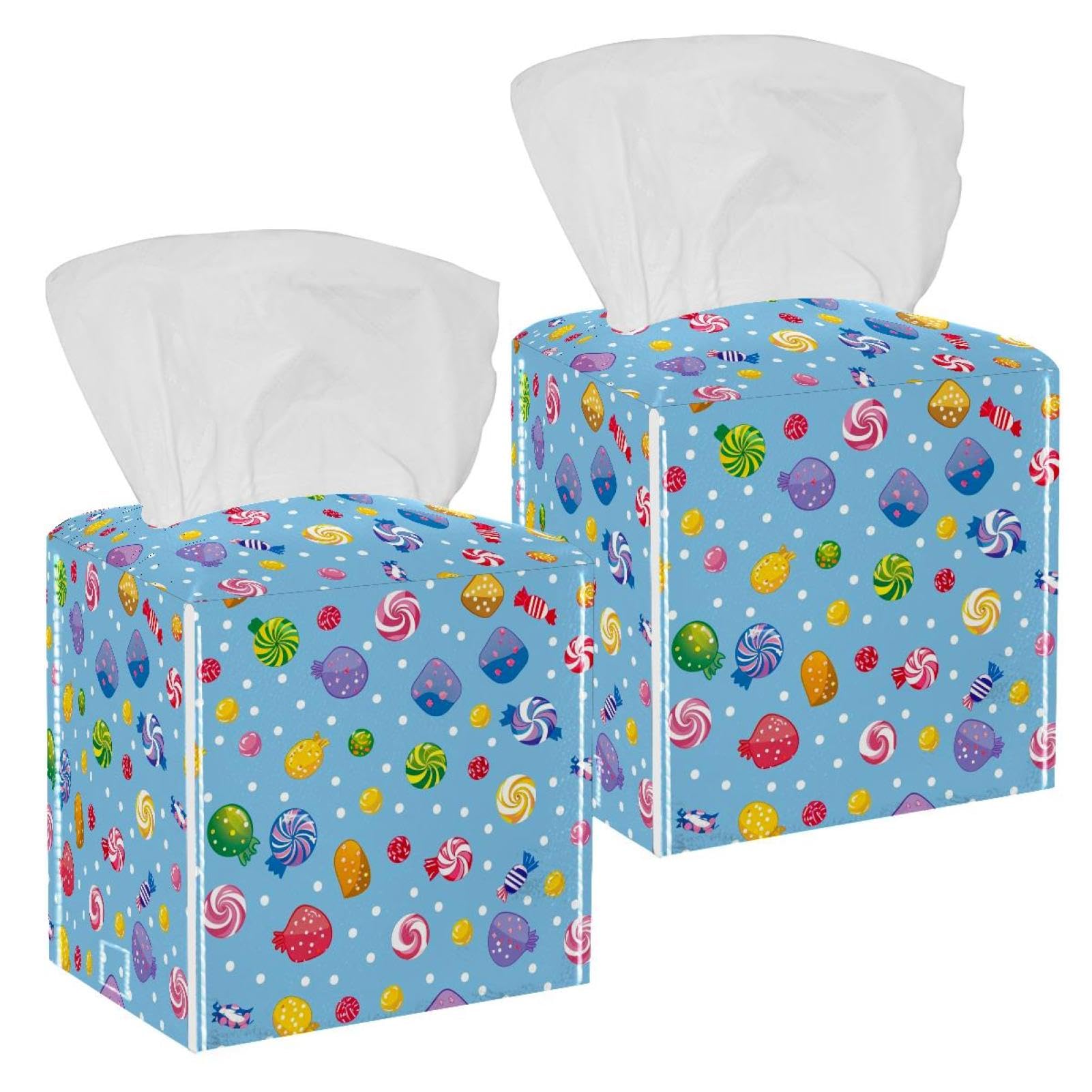 Cartoon Candy Tissue Box Cover, 2 Pack PU Leather Square Facial Tissue Dispenser Box holder for Home Office Car