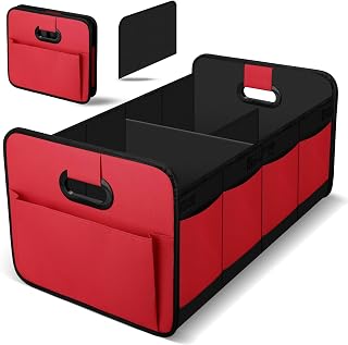 HIAHXC Organizador de Maletero Coche,Bolsa Plegable Reforzada y Estable con Bolsillo de Red,Caja Antideslizante, Impermeable y Versátil para Almacenaje Interior – Negro (Rojo)