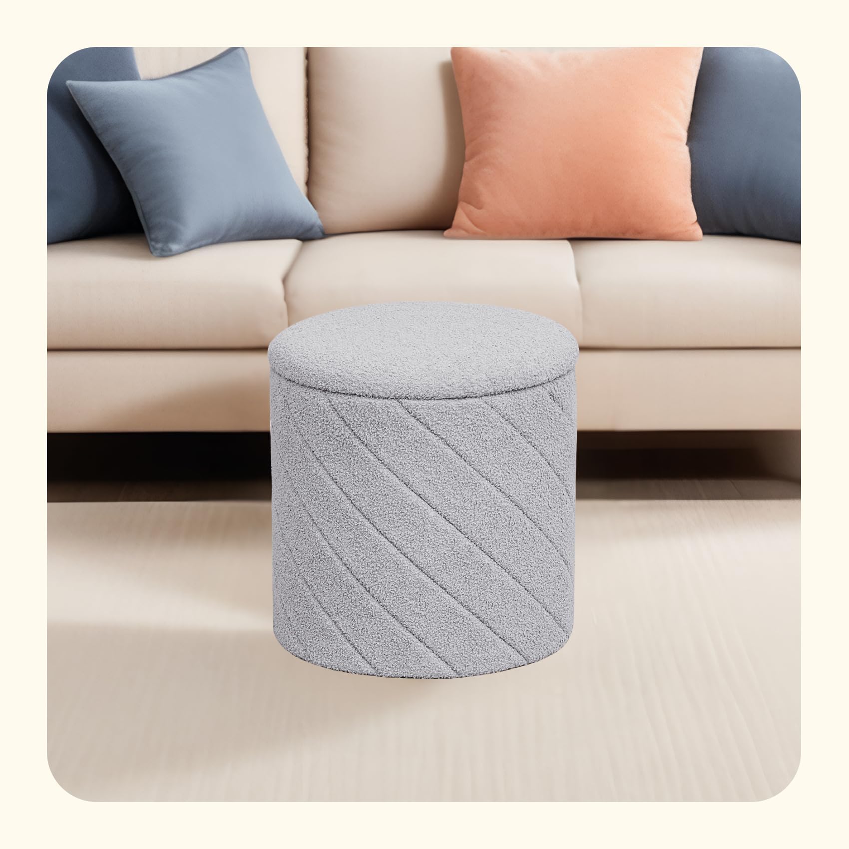 PINPLUS Runder Sitzhocker mit Stauraum, Teddy-Fleece, 43x43x45 cm, Grau