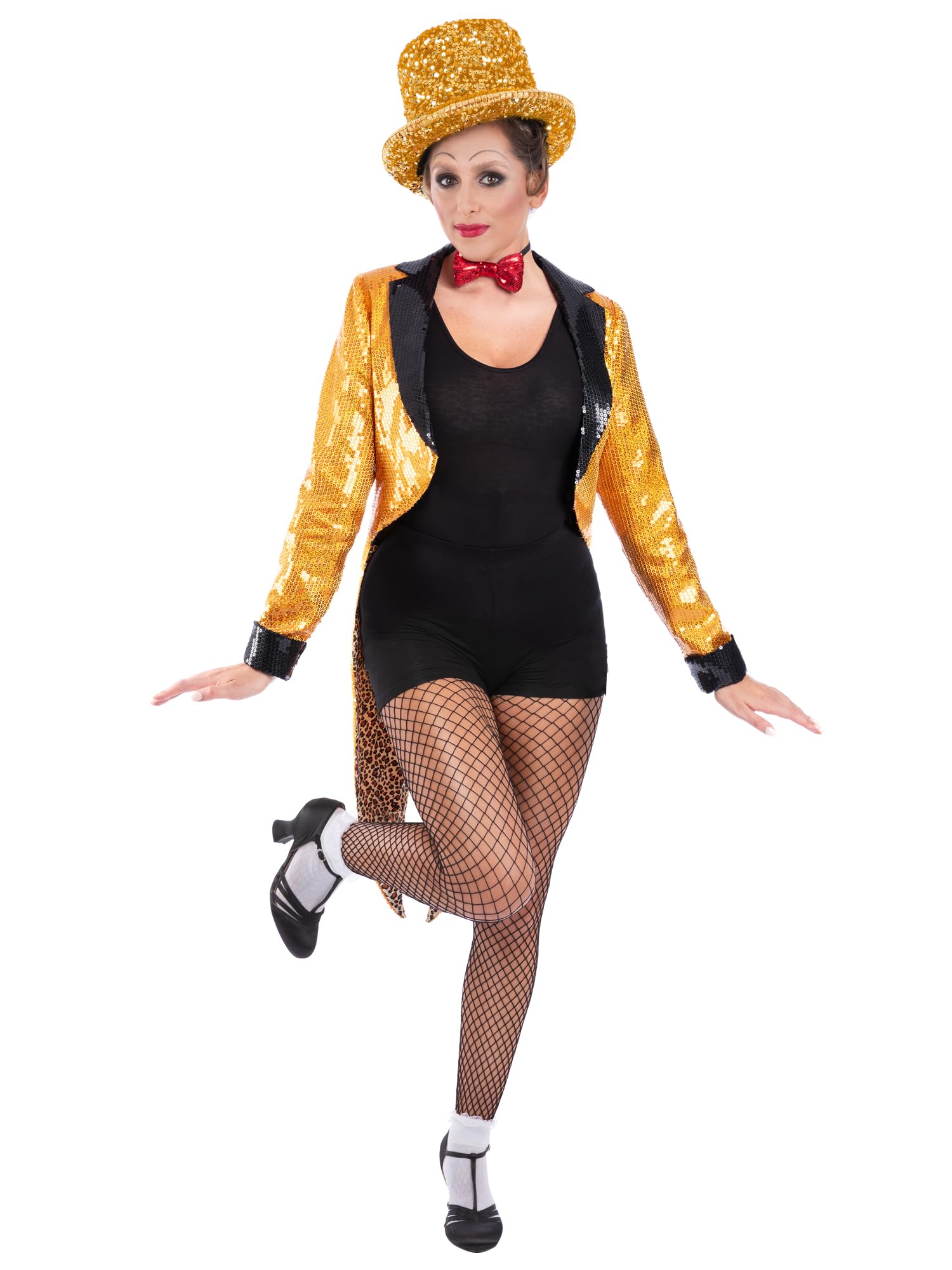 Smiffys Rocky Horror Columbia Costume for Women, Official Licensed Outfit Sequin Gold Tailcoat & Red Bow Tie, Musical Film Fancy Dress Character Costume for Parties, Halloween & Themed Events, Large
