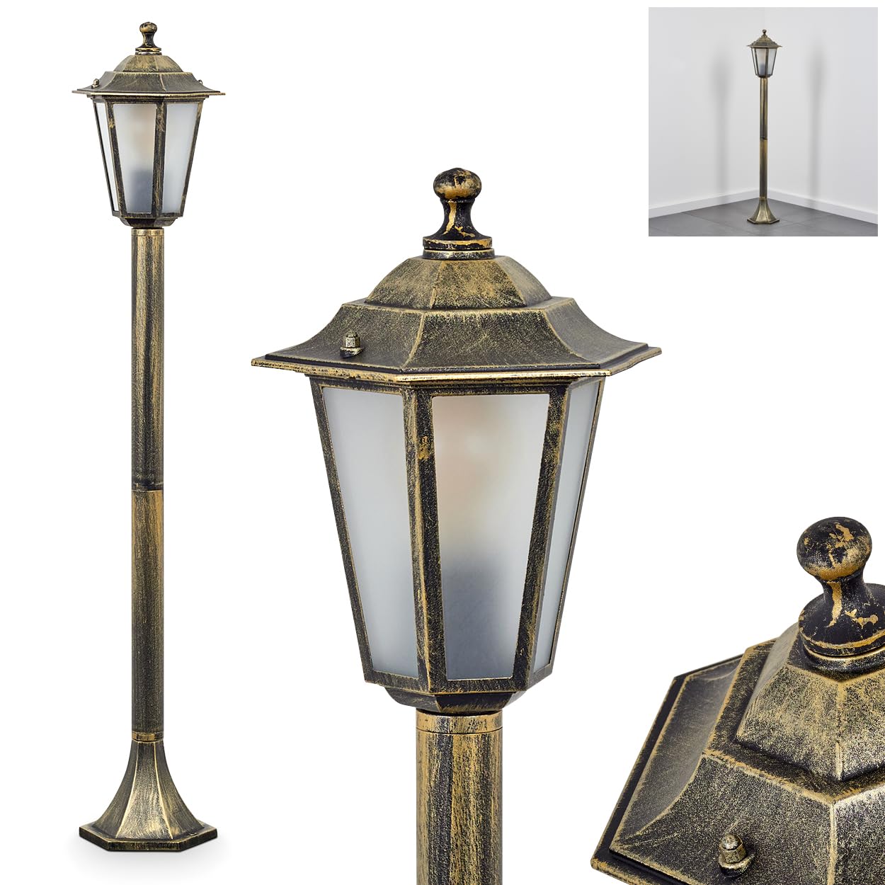 HOFSTEIN Lampa zewnętrzna Loria, oświetlenie ścieżki z metalu/szkła w kolorze złotym/brązowym/białym, lampa zewnętrzna o wyglądzie antycznym, 99 cm, lampa ogrodowa, oświetlenie ogrodowe IP44, 1 x E27,