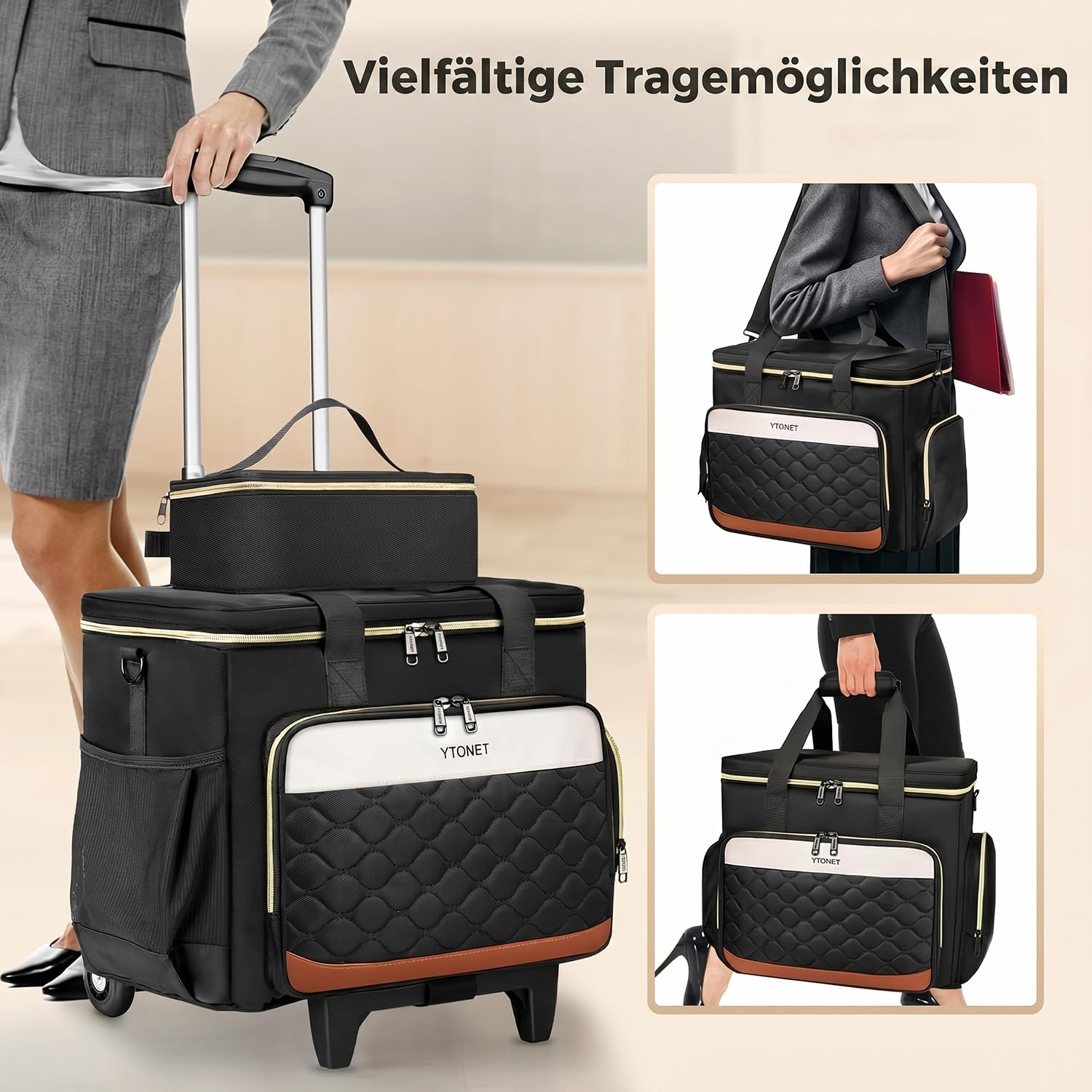 Ytonet Lehrertasche Damen, Rucksack mit Rollen, Arbeitstasche Damen | Mit Isolierter Lunchtasche, 15,6 Zoll Laptoptasche mit Rollen, Lehrertasche Damen Große mit Rollen für Arbeit Büro, Farbblock