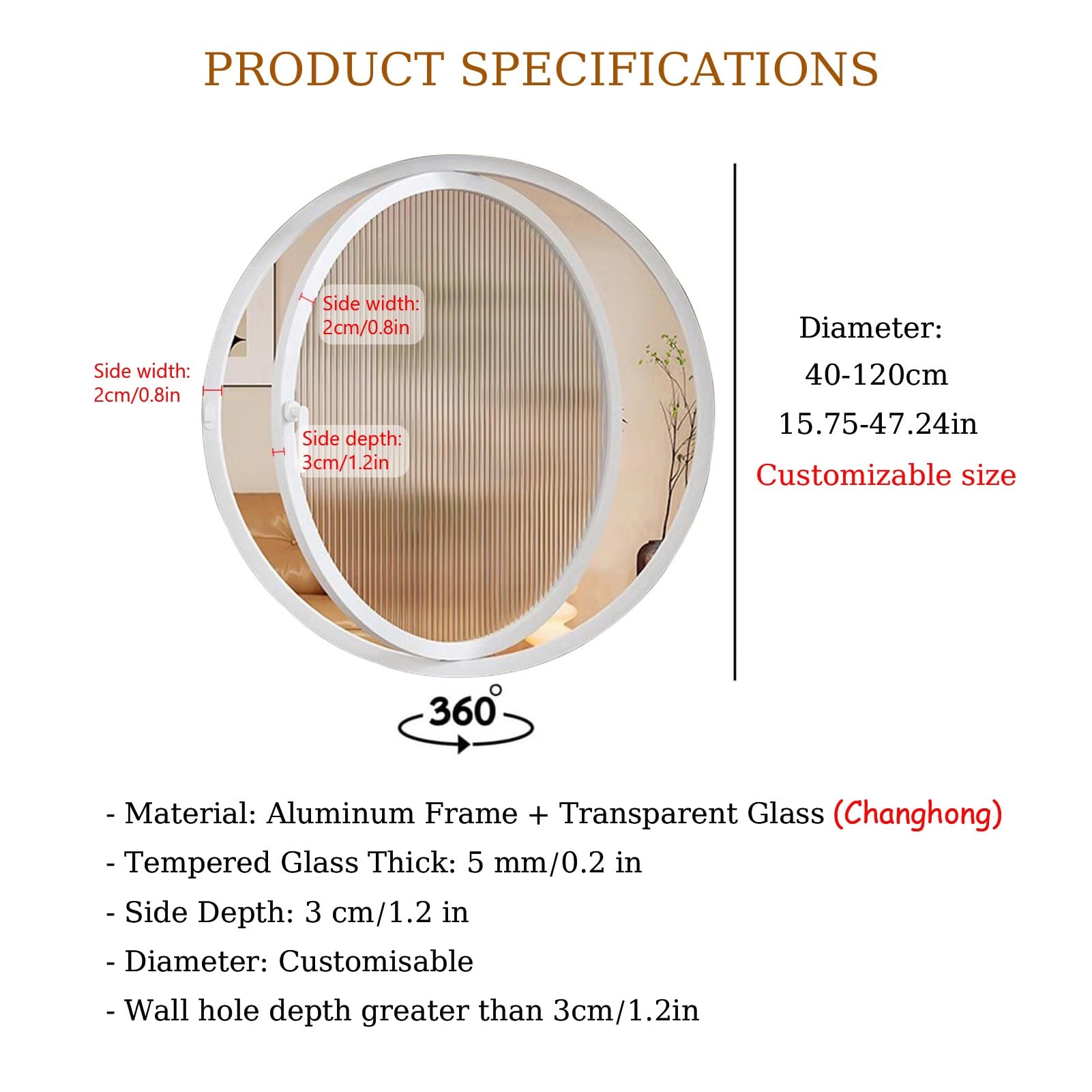 Ventanas Batientes Ventana Circular Giratoria De 360°, Ventana De Ventilación De Vidrio Templado Con Tirador, Ventanas De Recambio Para Viviendas Cobertizos Y Restaurantes(White,52cm/20.47in)