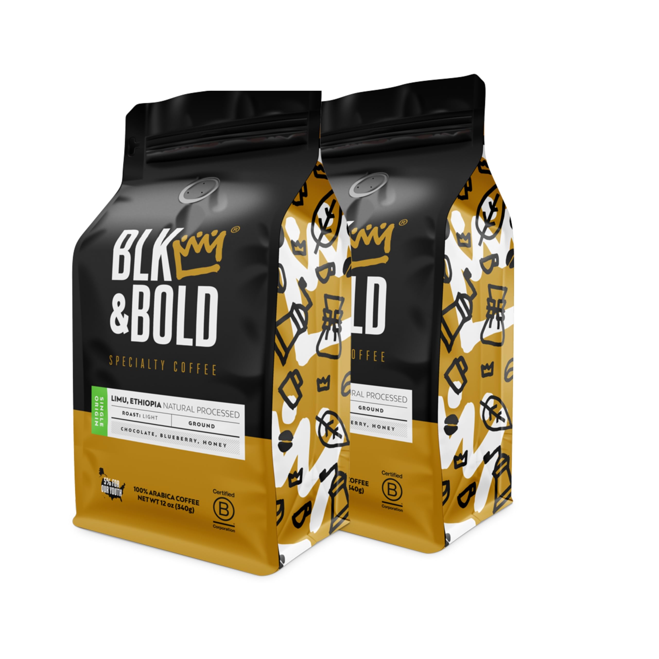 BLK & BoldGround Coffee, Limu Ethiopia Single Origin Premium Light Roast, Natural Processed, 100% Arabica Beans, 12 oz Bag (2 Pack)