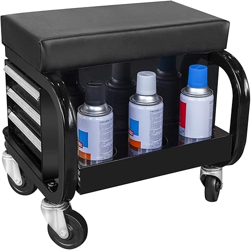 Miniatura 5 de APD2016AD Torin - Caja de herramientas con 3 cajones y ruedas, asiento acolchado para taburete, color negro