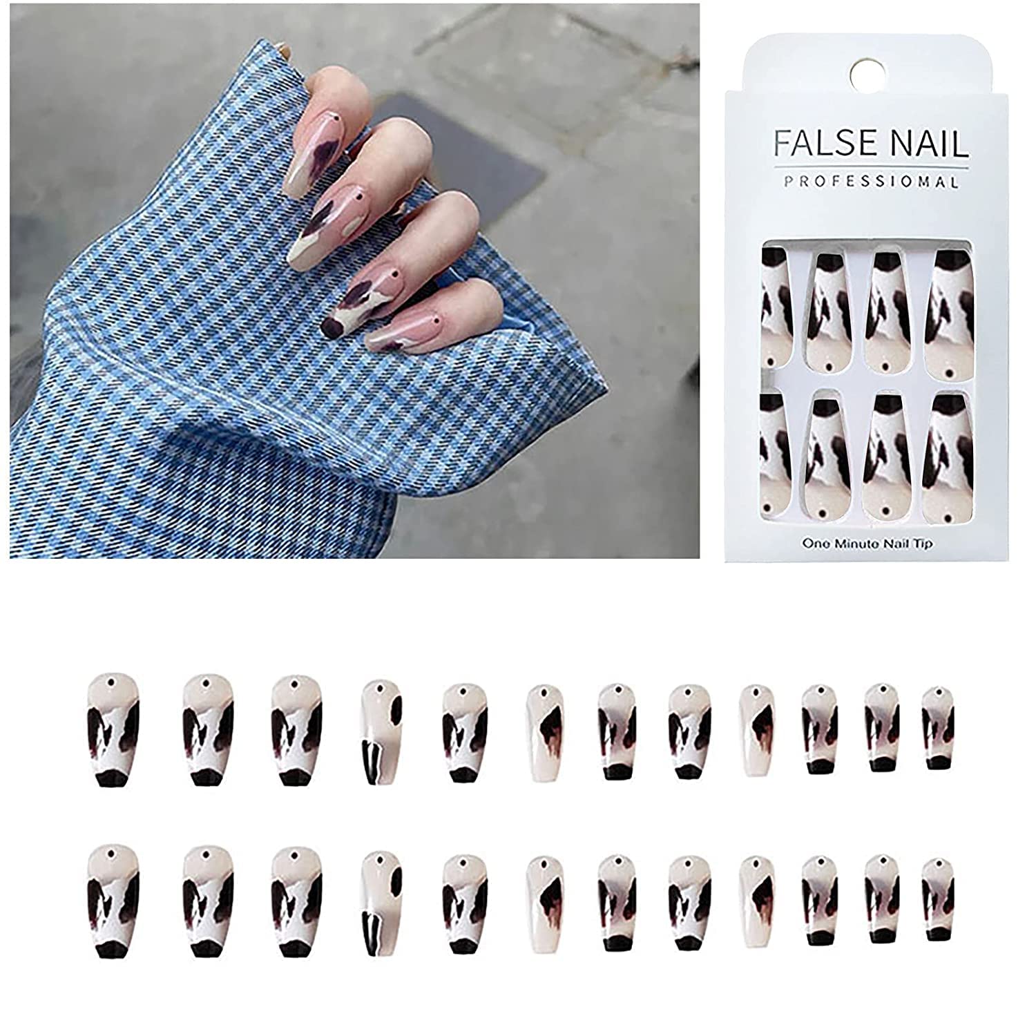 Press on Nails Professinal False Nail Kit -3D French Long Press on Nails Glänzende Kunstnägel Full Cover Ballerina Nails Tips for Women and Girls Gift (Color : F)