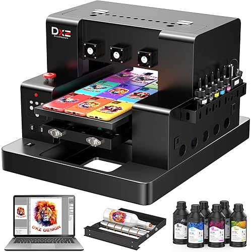 DXZ A3 UV Printer with Laptop,Automatic L805 UV Flatbed Cylinder Printer with Varnish 100% Transfer Rate for Phone Case,Acrylic,Metal,Leather,Golf,Bottle,2-Year Ink Included