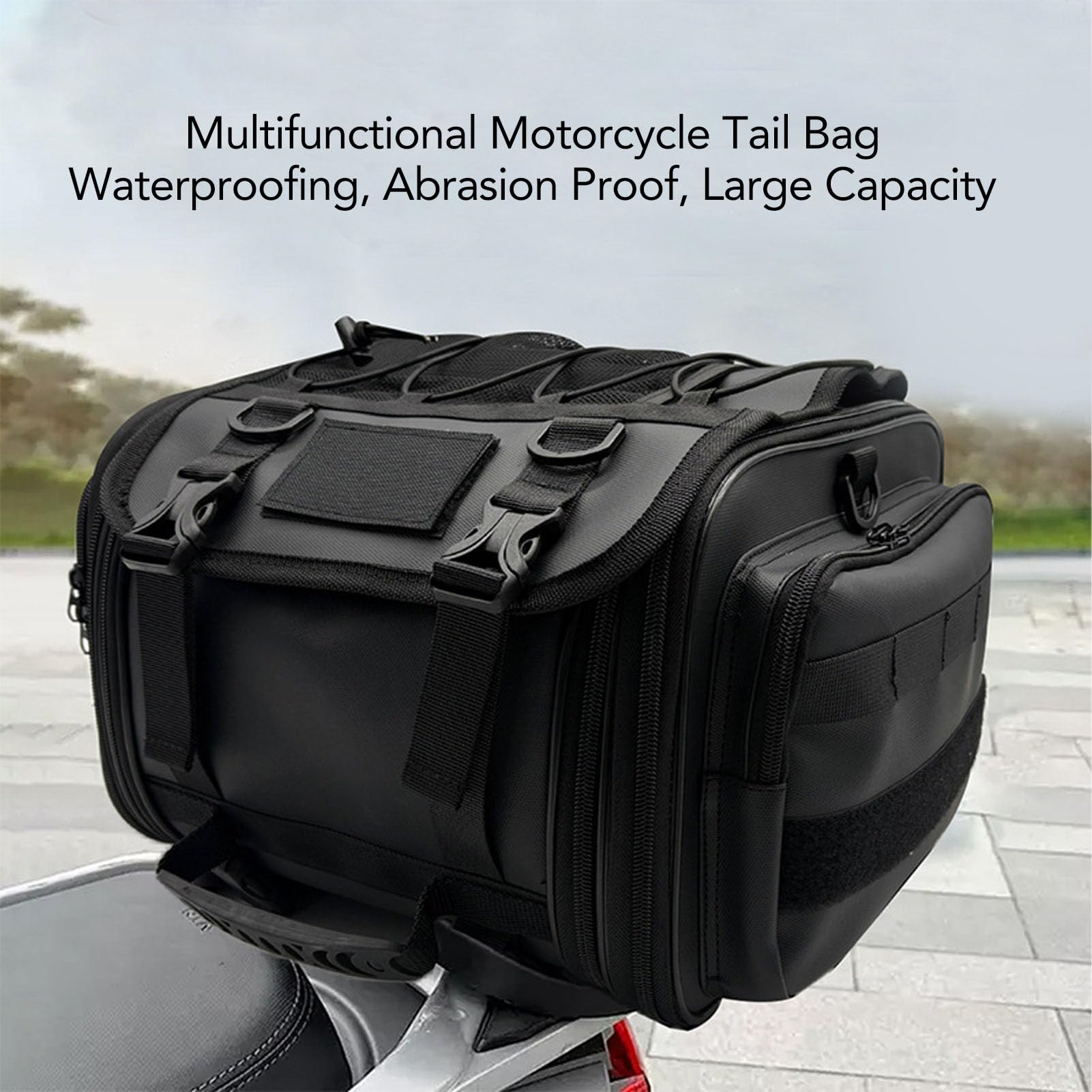 Torba Motocyklowa, 20-30L Rozszerzalny Motocykl Tylna Torba Bagażowa z pokrywą Deszczu, Paski Montażowe, Bagażnik do Przechowywania Torebki Hełm