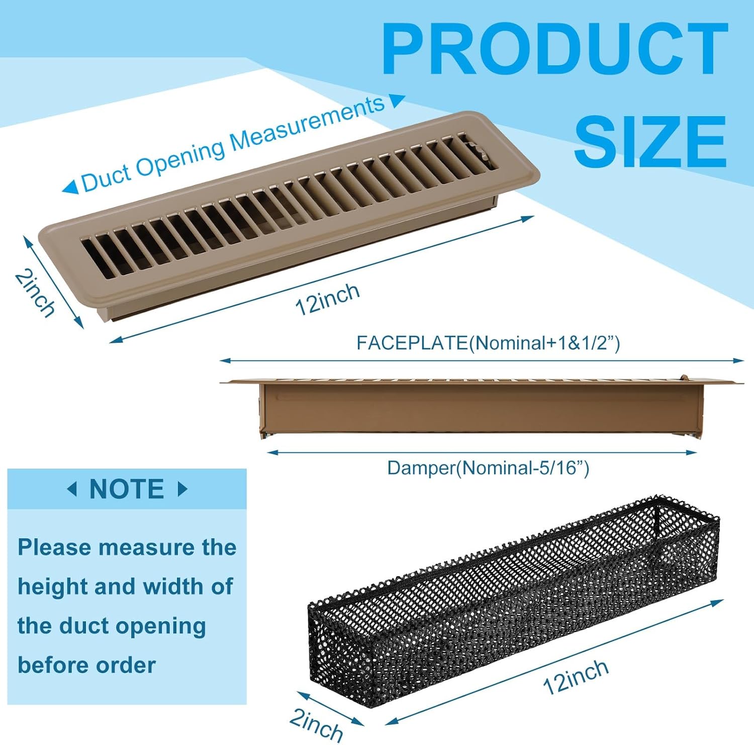 Therwen 12 Pcs Floor Vents Register with Cover Trap Set, Heavy Duty Floor Vent Covers Walkable Design with Damper and Floor Register Screen Vent Mesh Filters for Floor (Brown,2" x 12")