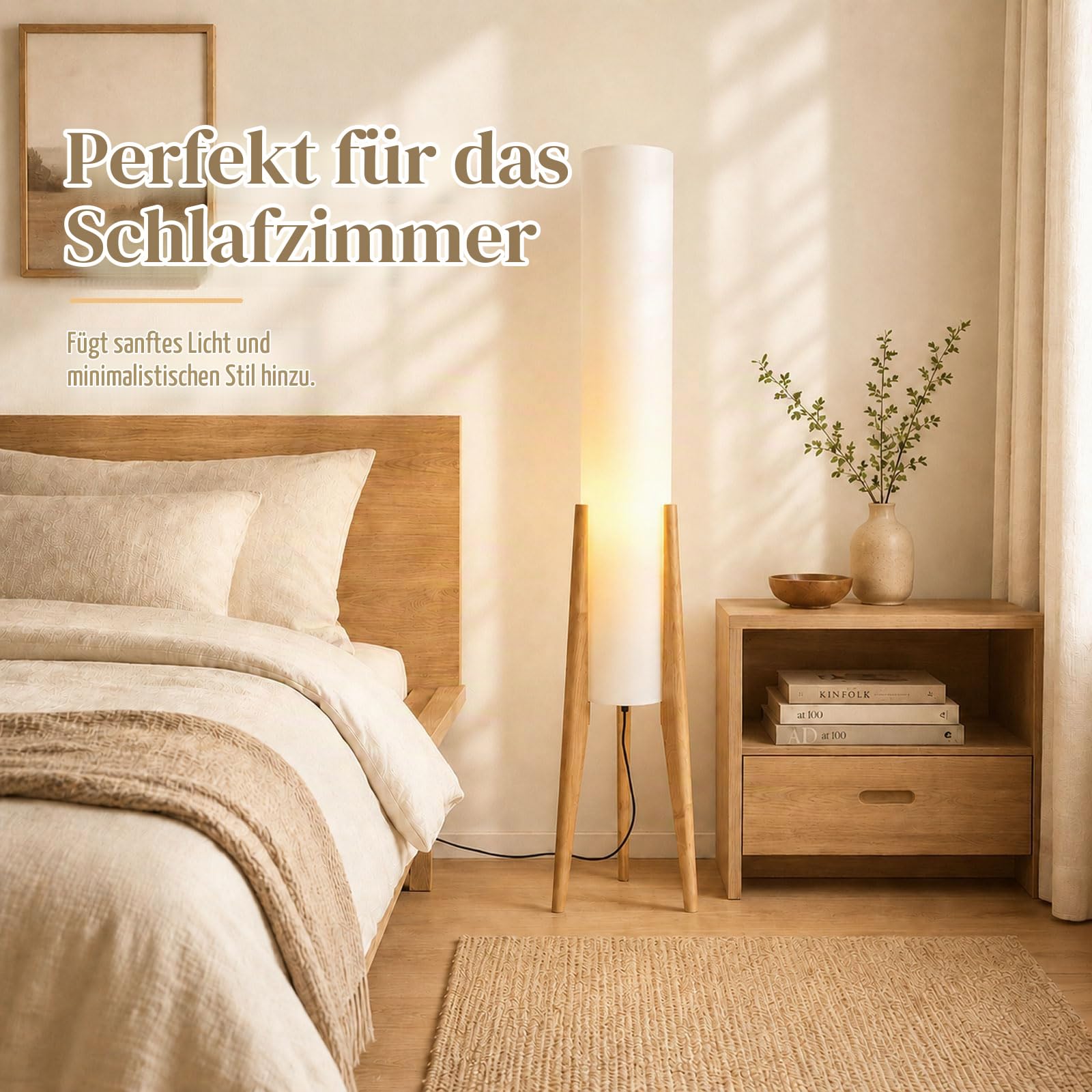 Wabi-Sabi Stativ-Stehlampe Aus Holz, 128 CM, Papierlaternen-Stil | Hoher Leinenschirm, E27-Glühbirne Inklusive, 3 Farbtemperaturen, Fußschalter, Naturholz, Wohn-, Schlaf- Und Arbeitszimmer