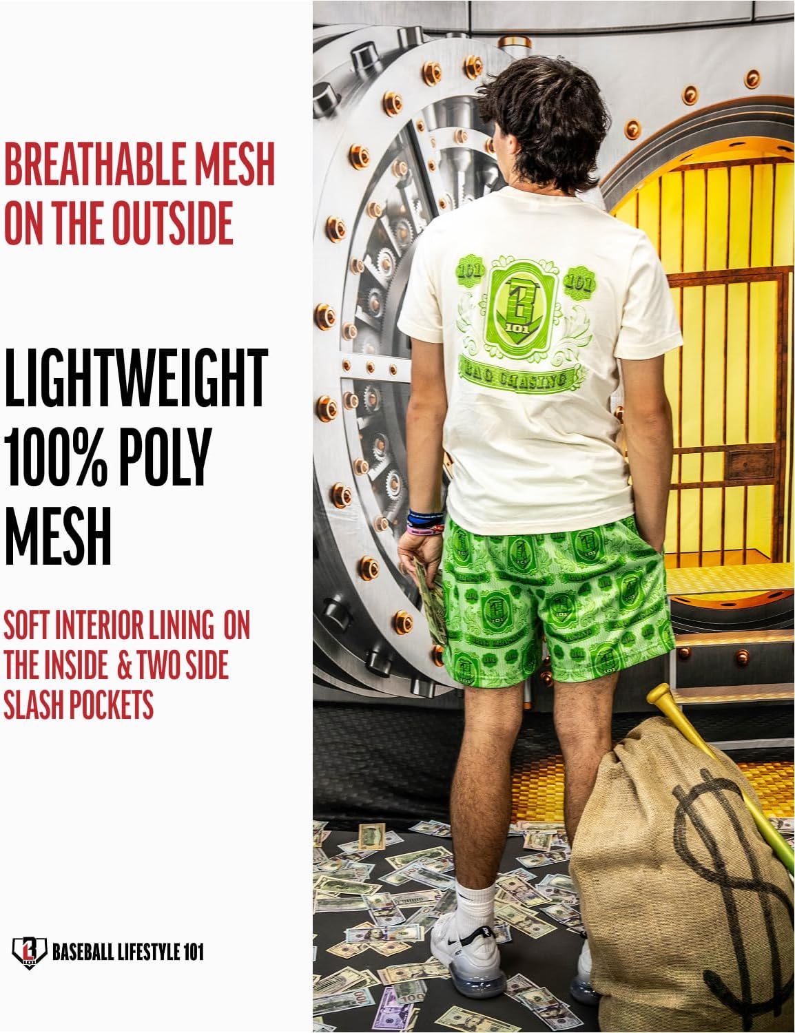 Baseball Lifestyle 101 Men's Bag Chaser Mesh Shorts with Side Pockets and Elastic Waist, 5 in Inseam S-2XL Sizes