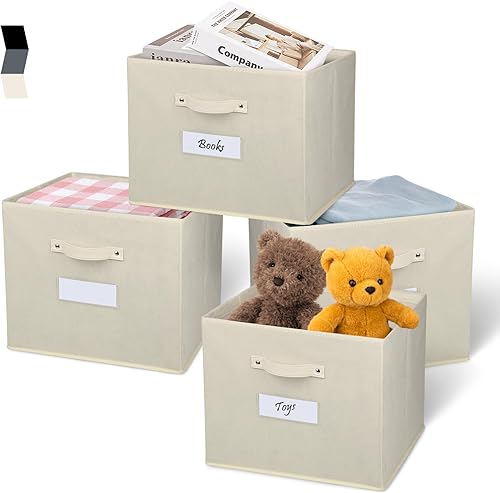 Paquete de 4 contenedores de almacenamiento de 15 x 13 x 13 pulgadas, plegables de tela con mango de poliuretano, cajas de almacenamiento grandes