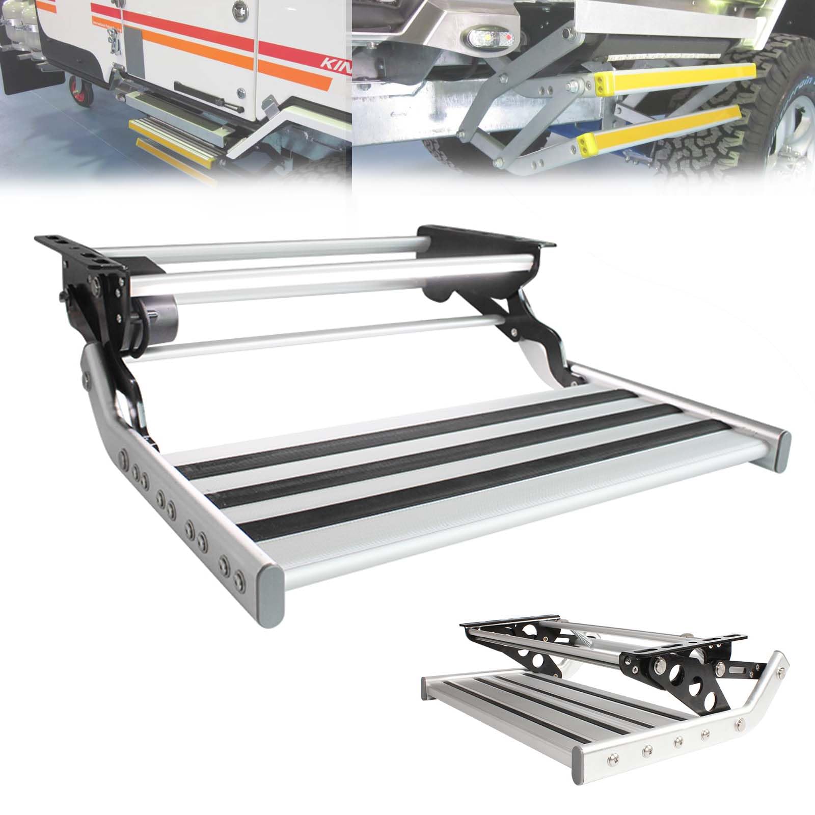 Stopnie RV, Składany stopień RV, Jednowarstwowe elektrycznie chowane schody RV, Nośność 440 funtów, Schody ze stopu aluminium, ElectricWithLight, Bezpieczne wsiadanie i wychodzenie