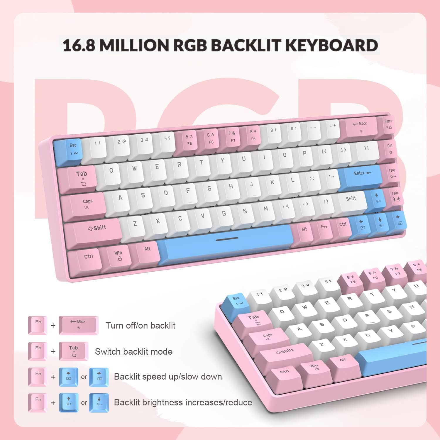 T8 RGB 60% Klawiatura Mechaniczna, Przewodowa Klawiatura do Gier 65% Compact Układ, 18 RGB Backlit, QWERTY Mini 68 Klawiszy Full Keys Anti-ghosting na PS4, Xbox, PC, Laptop, MAC - Pink/Blue Switch