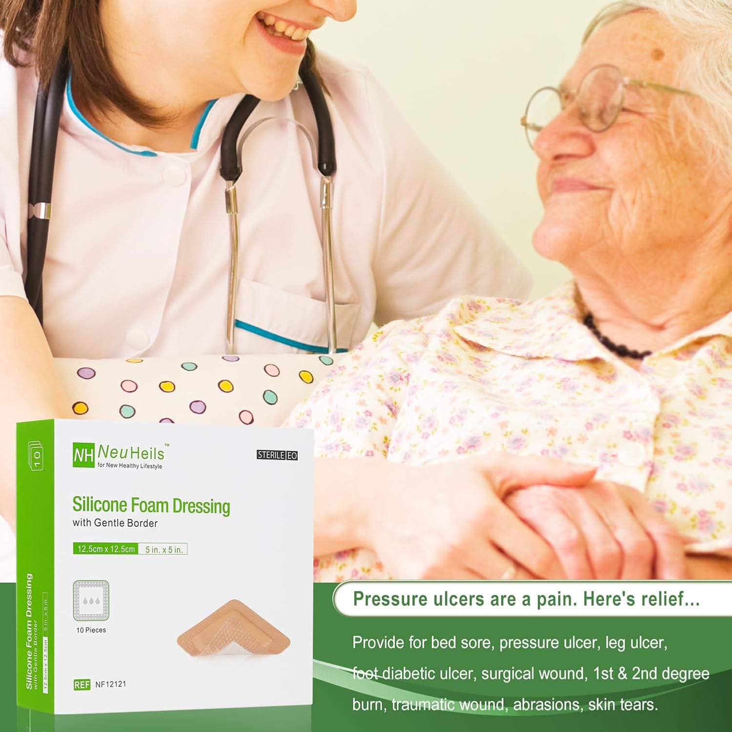 NeuHeils Silicone Foam Dressing with Gentle Border 5''x5'', 10 Pack for Bed Sore Leg Ulcer, High Absorbency Large Waterproof Silicone Adhesive Wound Bandages Patches - Image 8