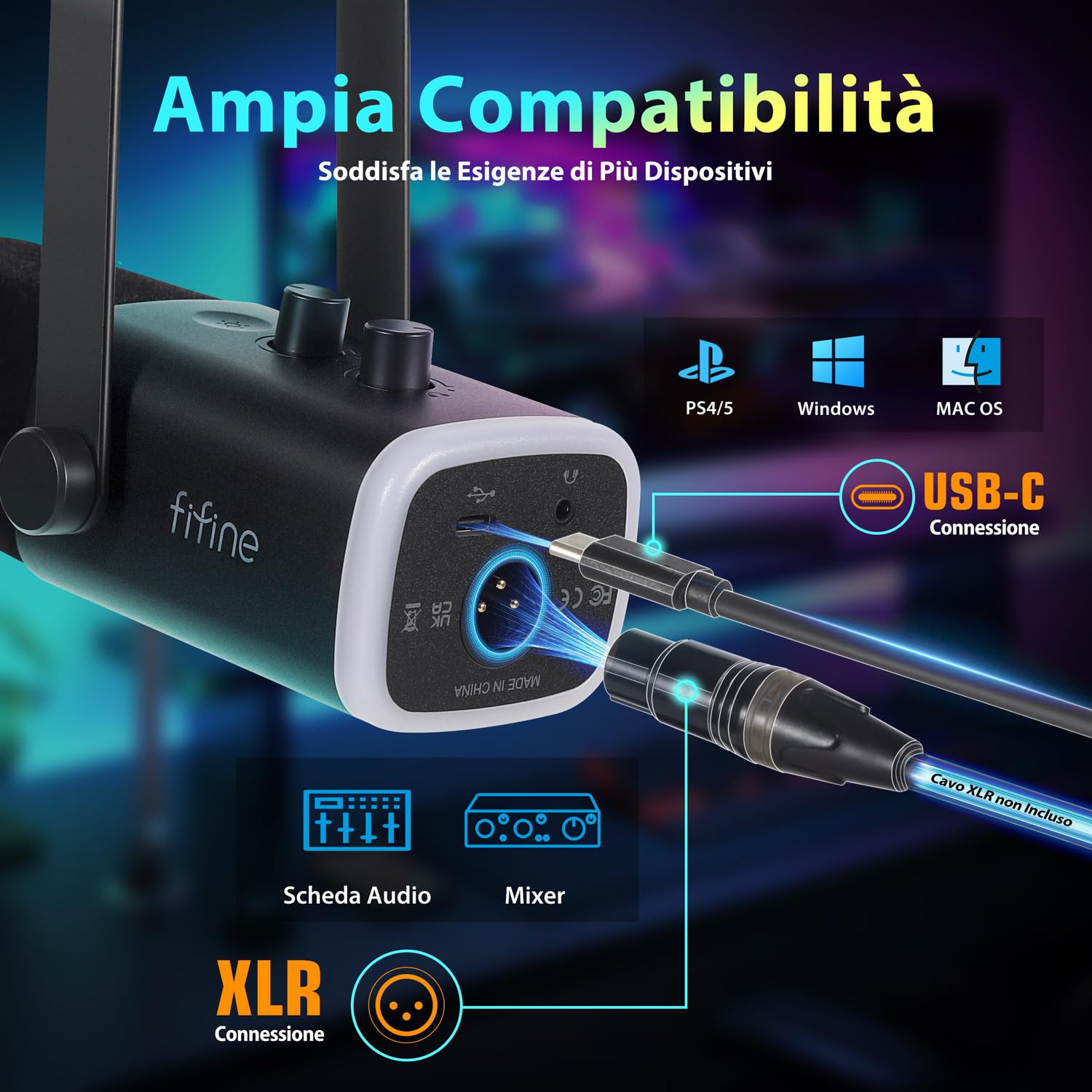 FIFINE XLR Streaming Microfono Kit Dinamico per Podcasting, Gaming USB per PC Mac PS4/5, Cardioide per registrazione vocale, giochi