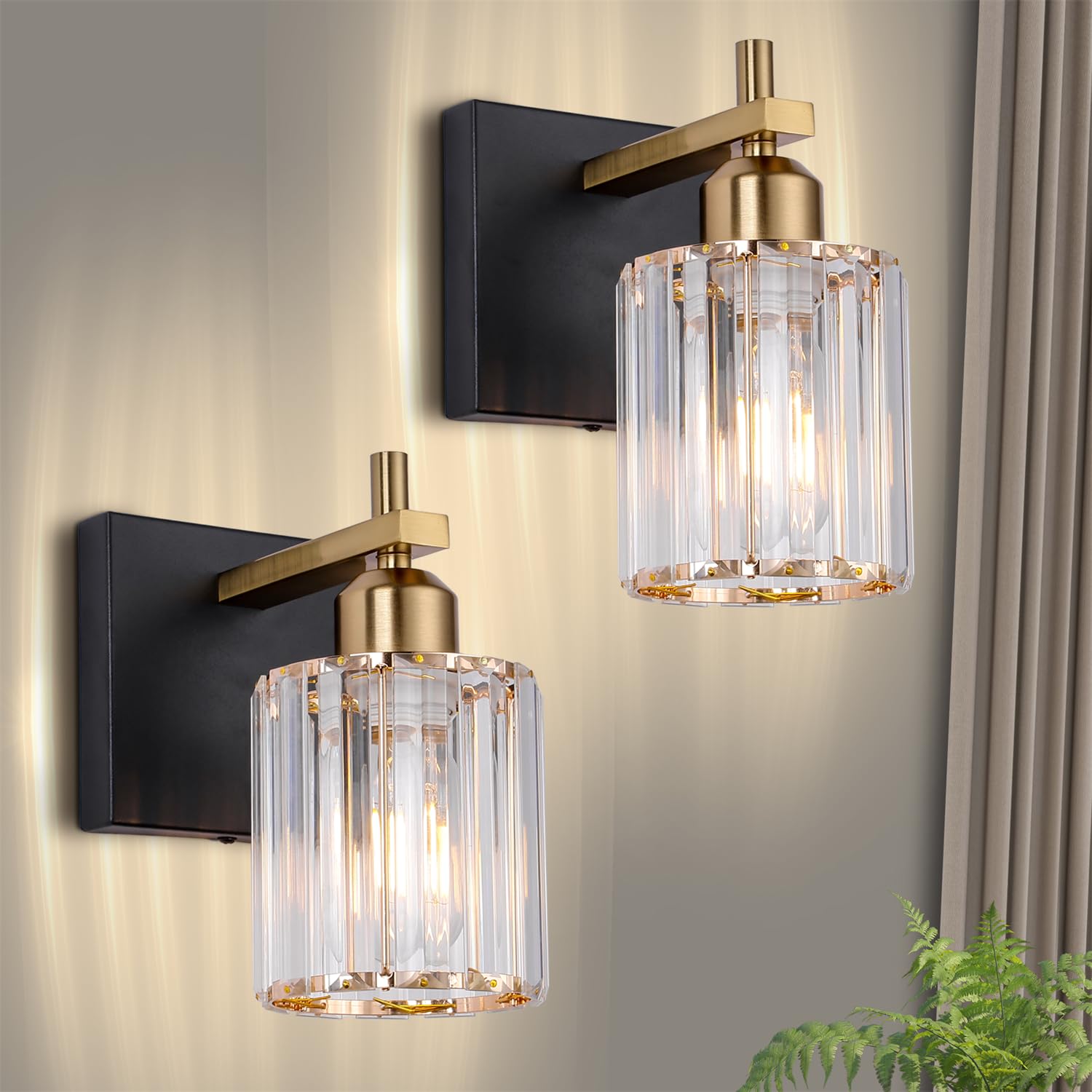 Black Gold Wall Sconces Set of 2: Modern Vanity Lights with Crystal Glass Shade, Bathroom Sconces Set of Two, Crystal Wall Light Fixtures for Bath Mirror Living Room Bedroom Hallway Kitchen, E26 Base