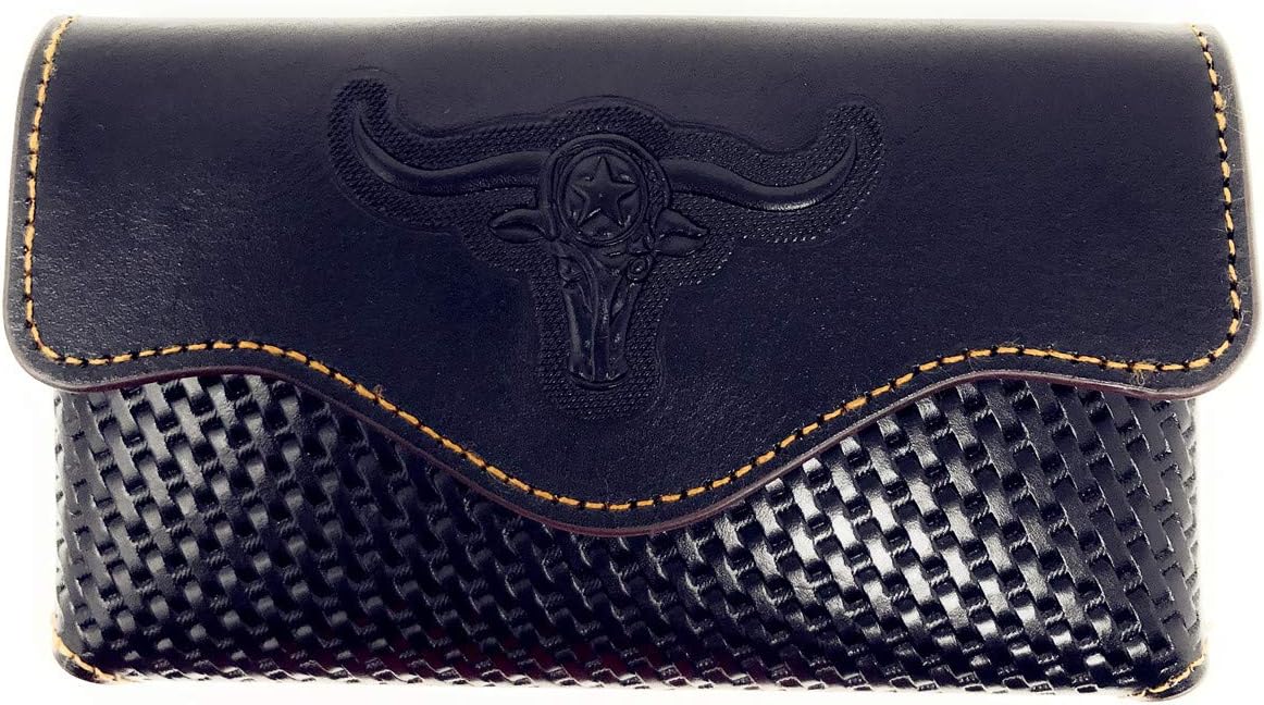 Texas West Western Cowboy Horizontal Basketweave Leather Longhorn Cellphone Belt Holster Case (Black)