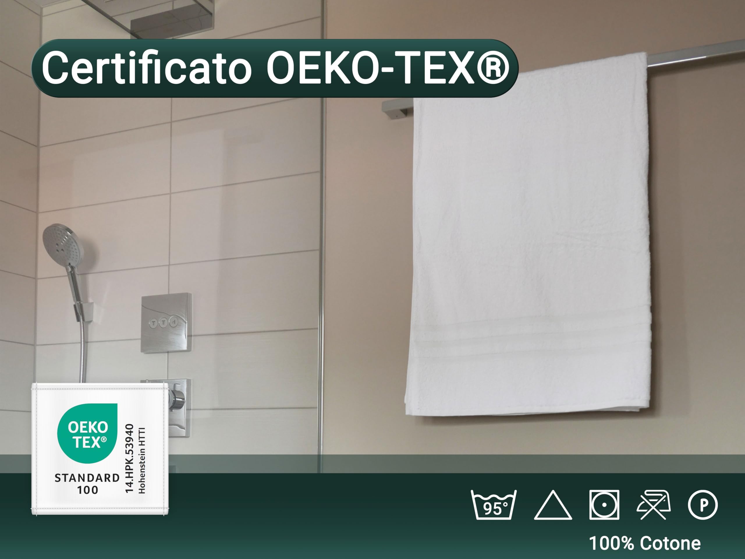 ZOLLNER set di 2 asciugamani da doccia 100x150 cm - morbidi e assorbenti teli grandi bianchi - con pratico gancetto - lavabili fino a 95°C - cotone - qualità alberghiera