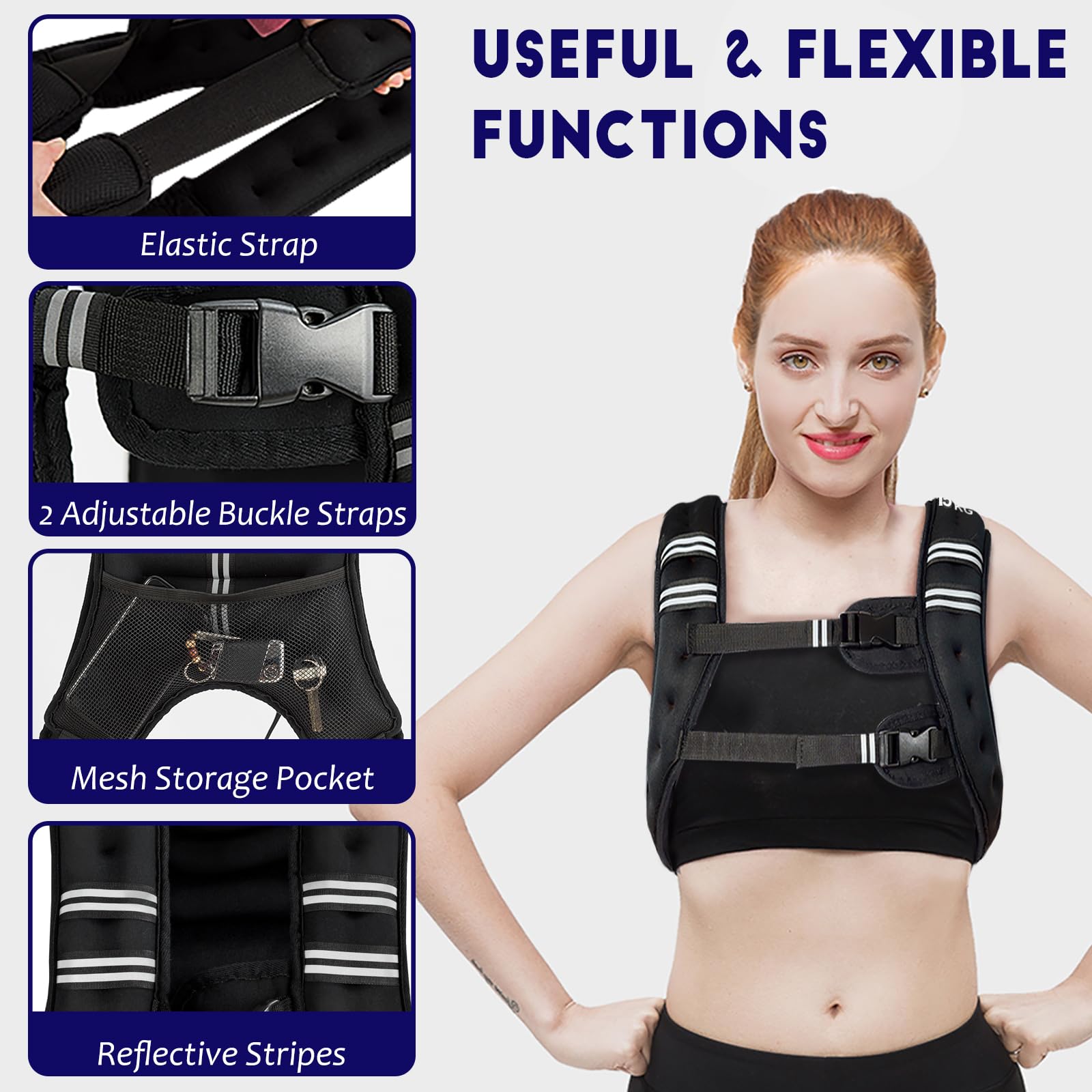 KOMFOTTEU Gilet peso 5/9/15 kg, gilet zavorato in neoprene per allenamenti di peso, gilet da corsa con strisce riflettenti e cinghie regolabili, nero