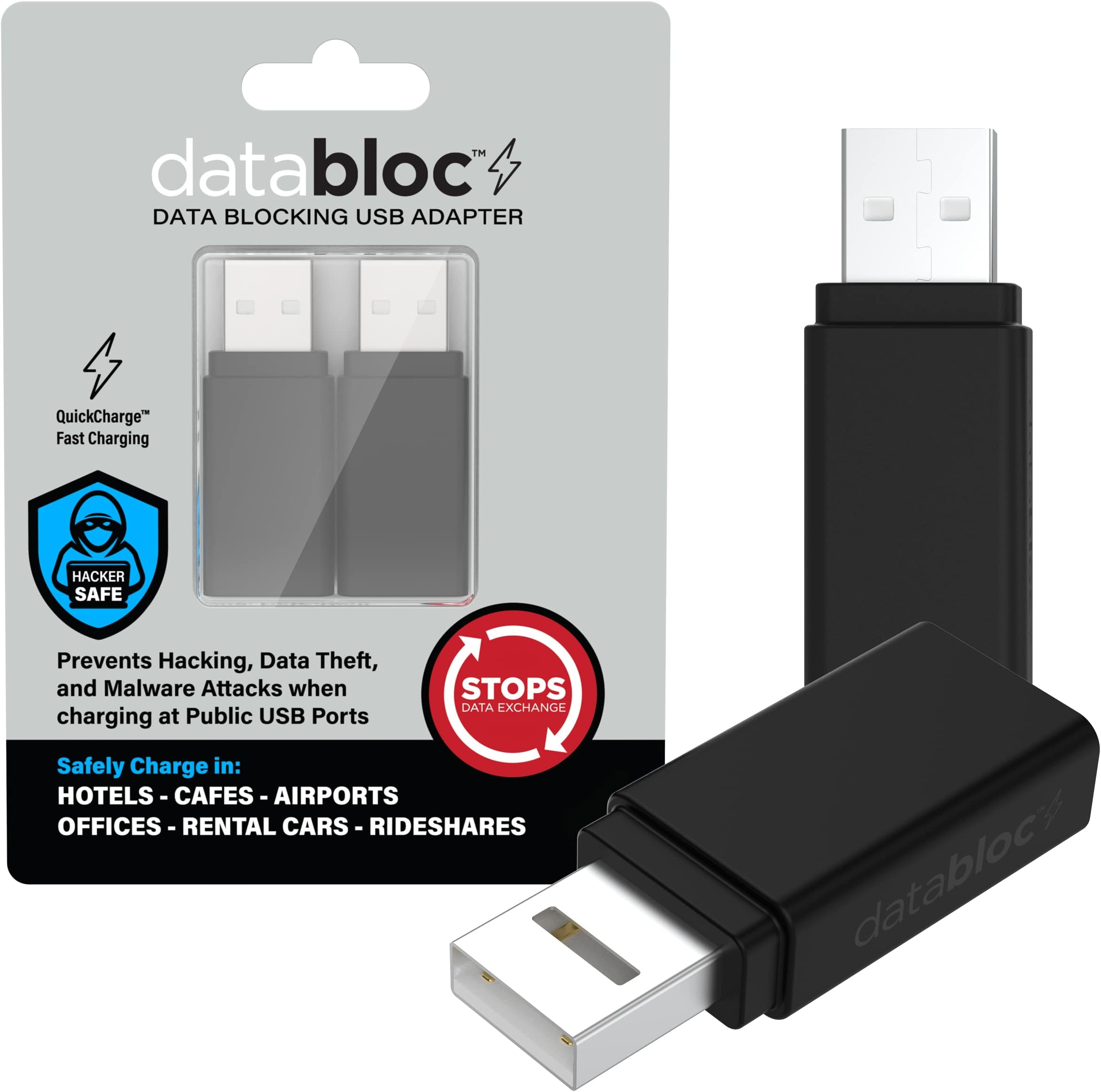 USB Data Blocker - Sync Stop Security - Fast Charge Protection & USB Charger Block - Travel-Friendly Adapter & Airport Security Plug - Pack of 2, Black