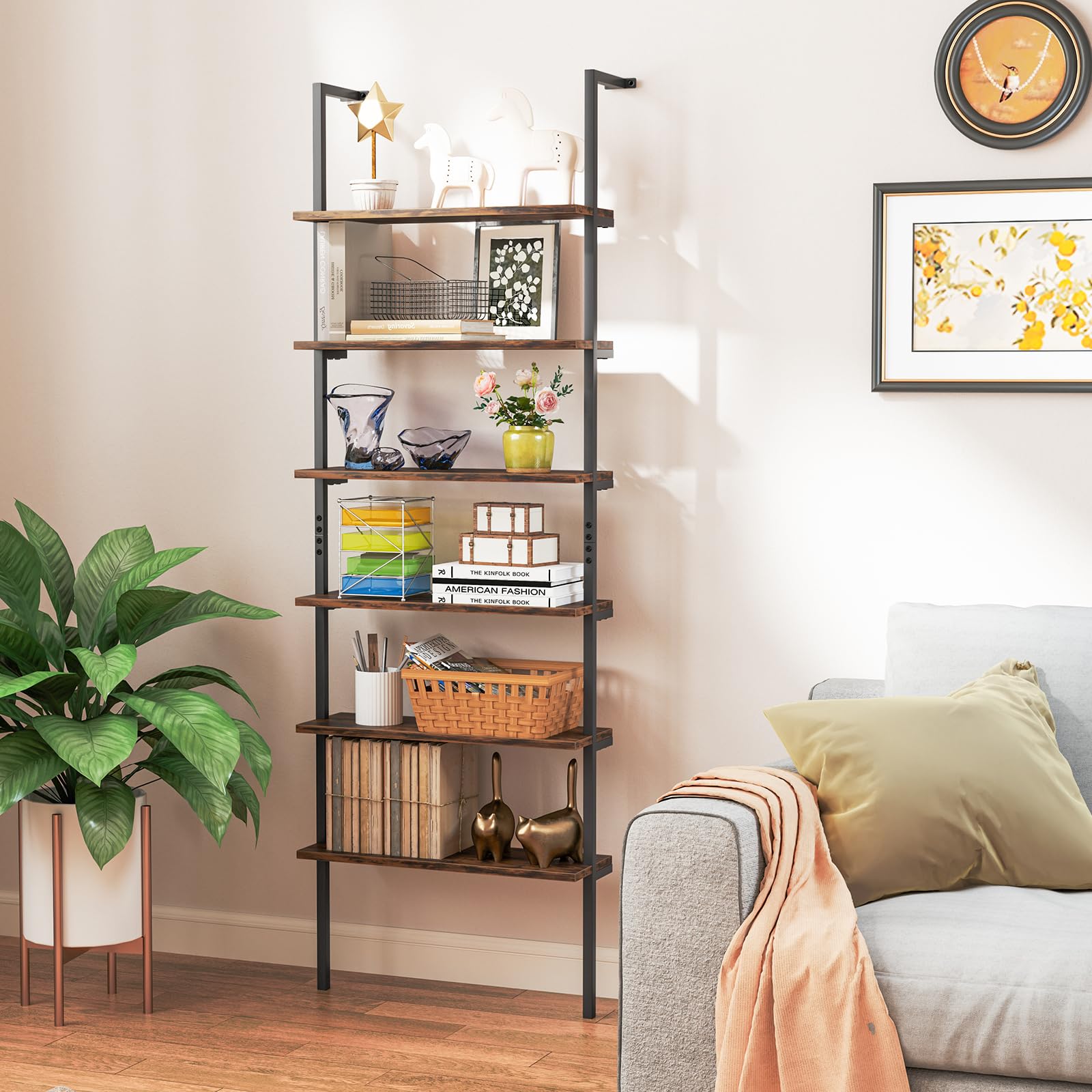 HOMASIS Estantería de Pared con 6 Niveles, Librería Escalera con Estructura metálica y Dispositivos antivuelco, Estantería Abierta Moderna para salón, Dormitorio, Oficina, 60x20x183cm (Marrón)