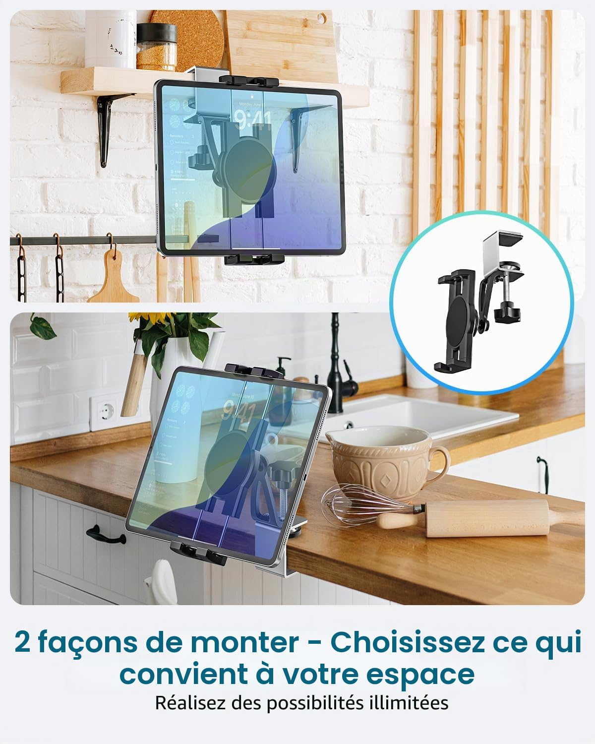 Oilcan Support Tablette Armoire de Cuisine, Porte Tablet Cuisine Salon | Fixation Tablette sous Armoire avec Pince Métallique Réglable pour iPad Mini Air Pro, iPhone, Galaxy, Switch (4-12,9")