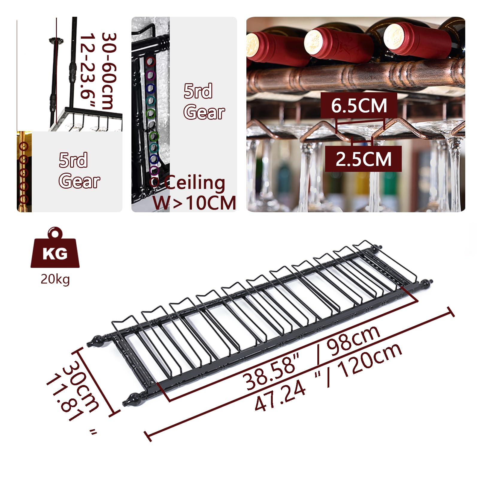 Suspendu Casiers à Bouteille et Porte-Verres Hauteur RéGlable, Porte Bouteilles en Métal, Montage au Plafond Paniers à Vin pour Famille Cuisine/Restaurant Hôtel/Bar (BK, 120x30x(30-60) cm)