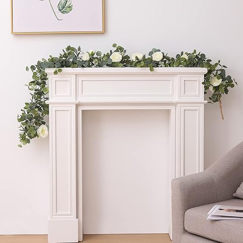 Miniatura 7 de Duovlo Guirnalda de eucalipto artificial de 6.56 pies con rosa blanca sintética, 1 pieza hecha a mano para bodas, fiestas, festivales, despedidas de