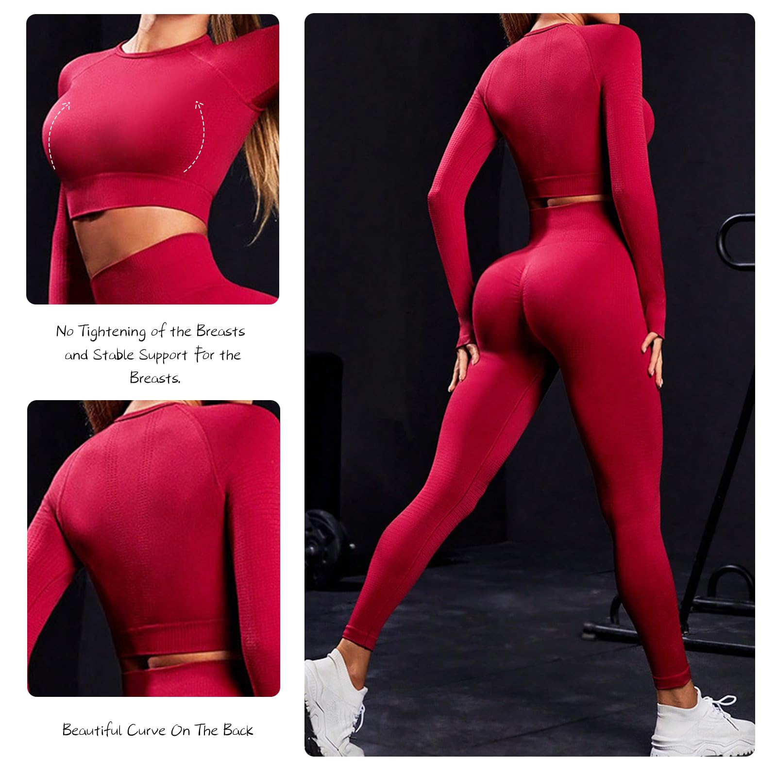 Conjunto Deportivo Mujer Conjunto de Entrenamiento de 2 Piezas Elásticos Leggings de Alta Cintura Top Deportivo de Mangas Largas Conjuntos de Ropa para Yoga Pilates