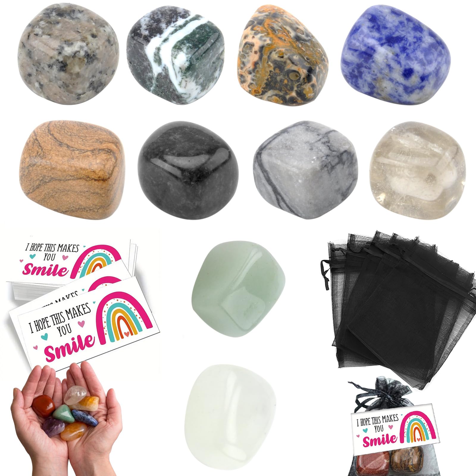 JABNOW 36 Pezzi Set Di Pietre Portafortuna, 12 Pietre Colore Portafortuna Per Bambini, 12 Sacchetti Di Iuta, 12 Cartellini Per Animali, Pietra Magica Regalo Per Feste Di Compleanno Per Bambini - Foto 8