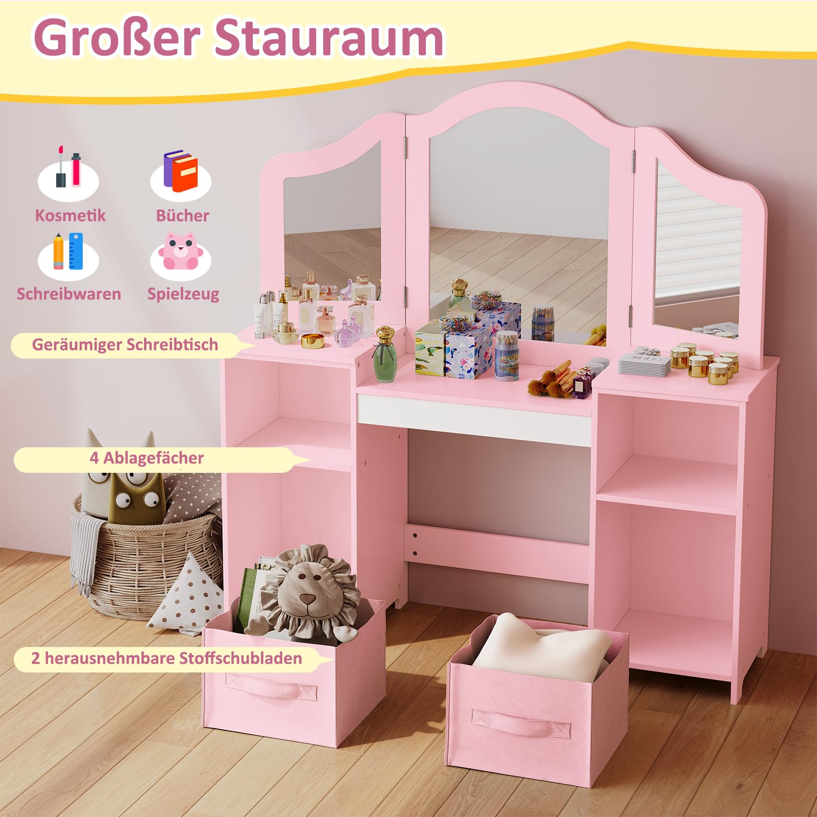 Clevich Toeletta per Bambini in Legno, Con Specchio Staccabile, Cassetti in Tessuto e Sedia, Scrivania per Bambini Robusta, Toeletta Trucco 2 in 1 per Bambina per 3 Anni, 108x30x114 cm (Rosa-Bianco)