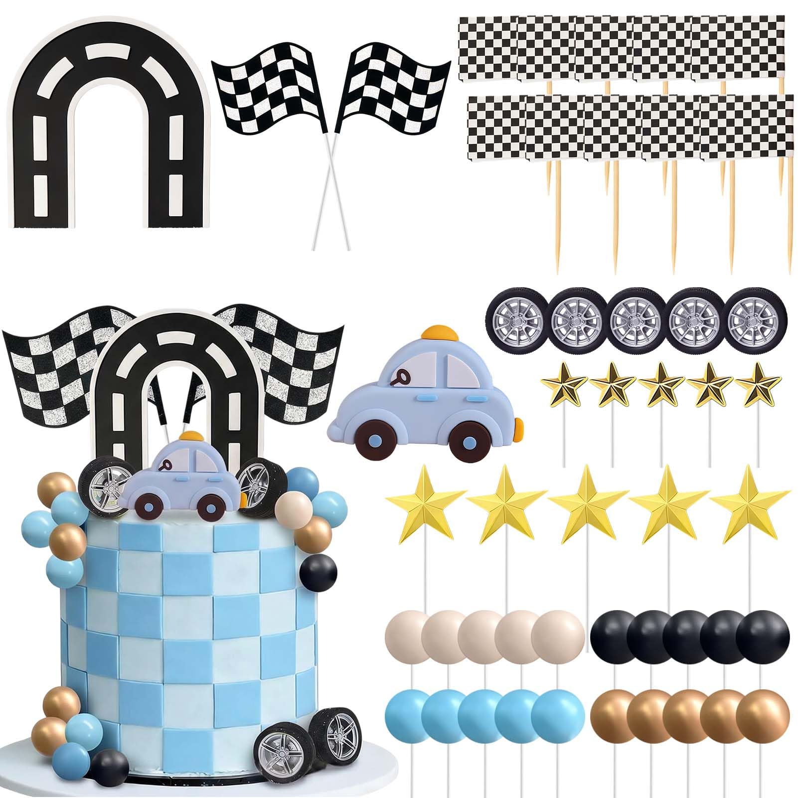 Car Cake Decoration-60PCS Racing Theme Cake Topper Grid Flag Tire Birthday Cake Decoration, Baby Shower Party Decoration Supplies