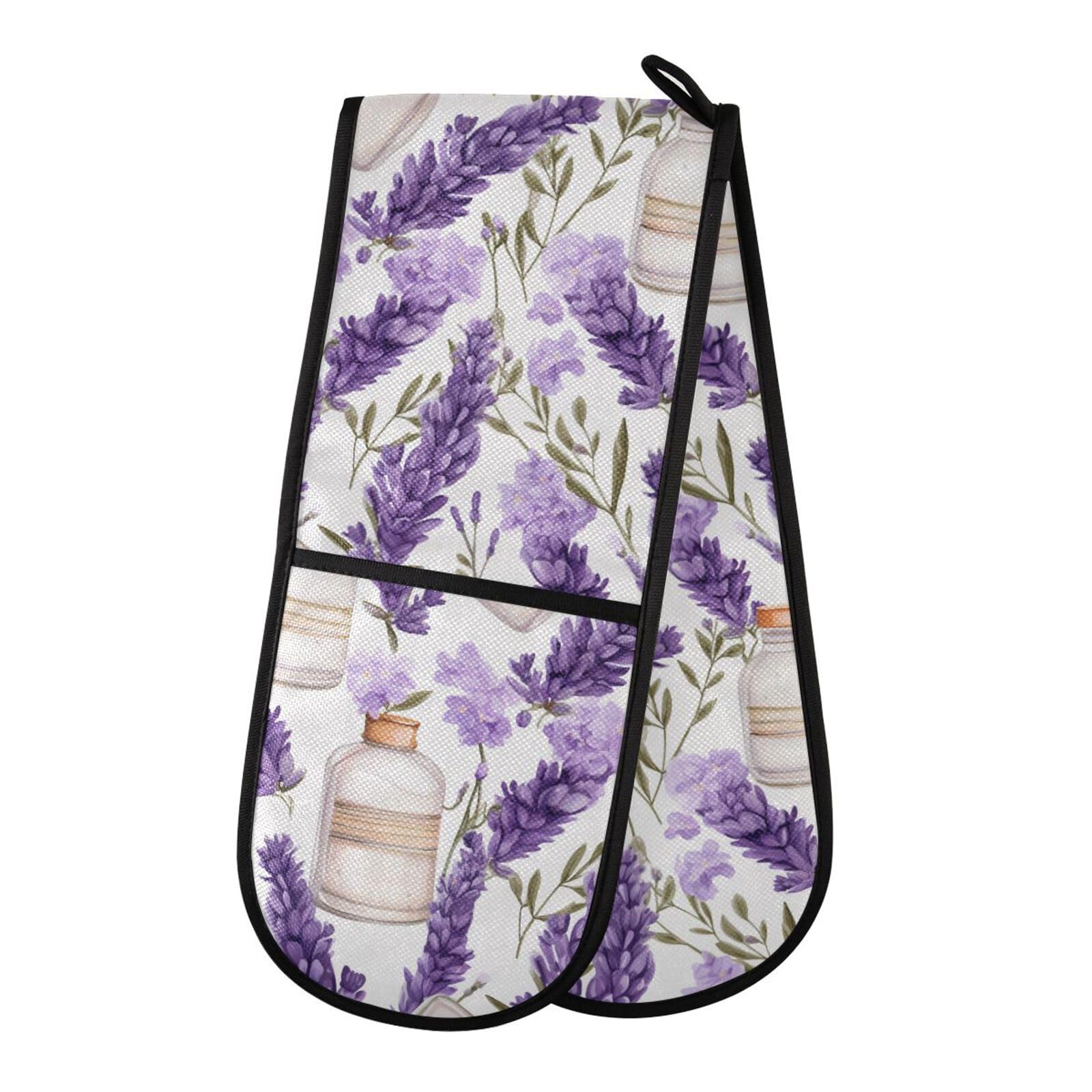 Double Oven Gloves Purple Flowers Watercolor Heat Resistant Pot Holder Oven Mitt Gloves for BBQ Cooking Baking Grilling Microwave