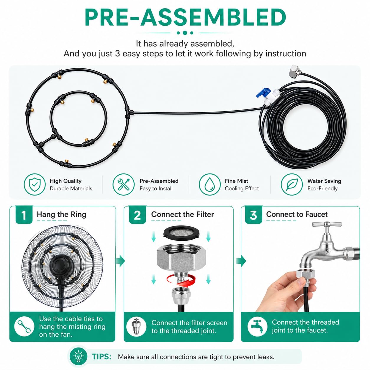 Kit de Brumisation pour Ventilateur Extérieur, Brumisateur Terrasse Exterieur, Système de Refroidissement par Brumisation pour Terrasse, Patio, Cour et Balcon (Runde-2)