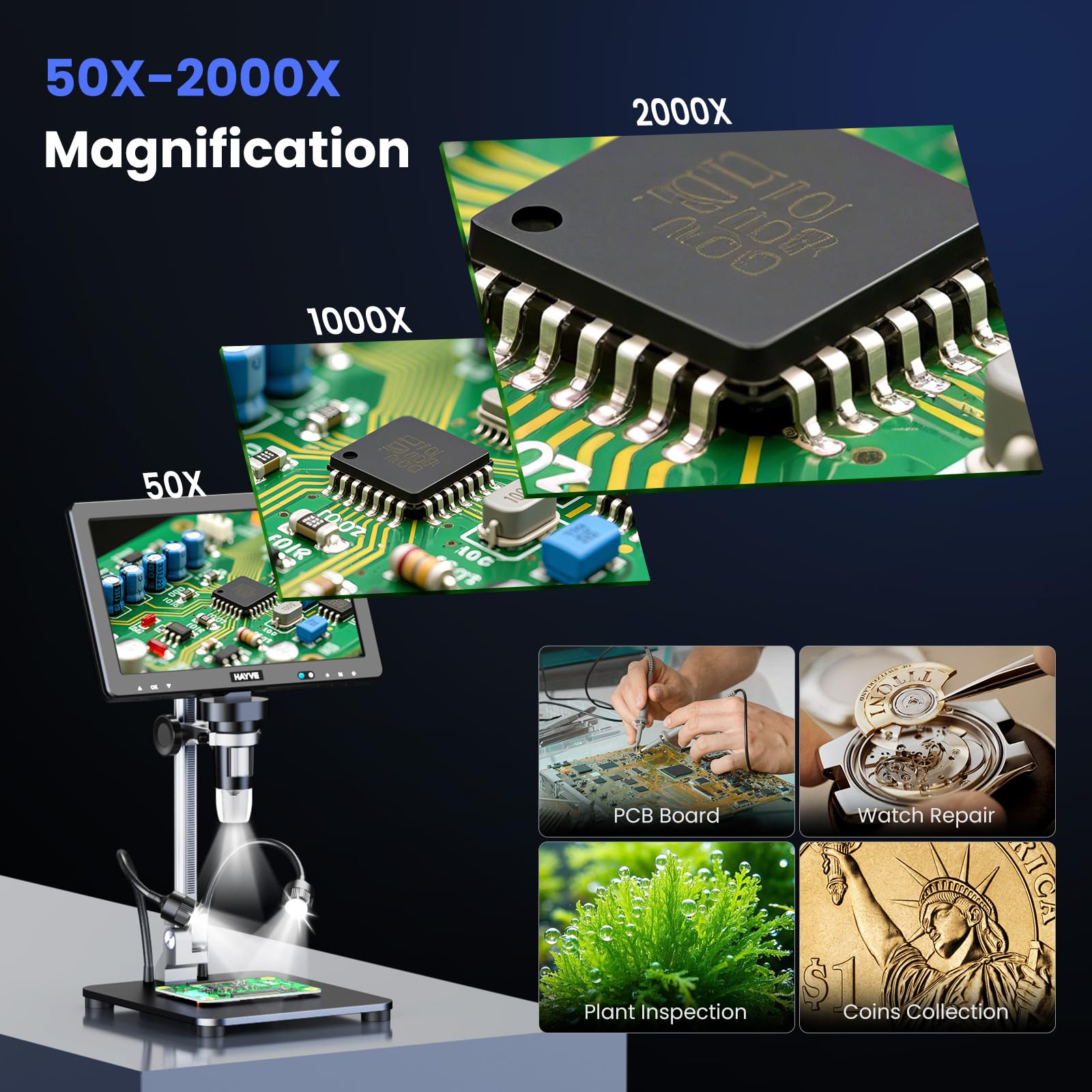 Hayve DM13 Microscopio digital LCD de 10.1 pulgadas, microscopios de soldadura IPS HD de 16 MP 2000X para adultos, reparación electrónica, lupa de microscopio de monedas para monedas de error con