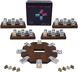 Wahartoly Mexican Train Dominoes Set with Wooden Hub, Racks & Metal Markers; 91 Colorful Tiles for 2-4 Players;Classic Board Game for Adults and Family