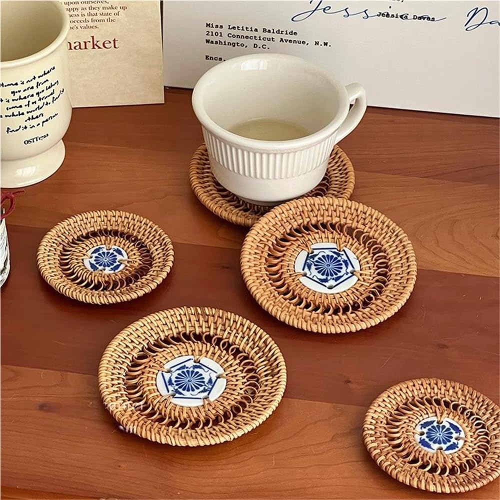 Sottobicchieri In Rattan Naturale Fatti A Mano, Diametro 10 Cm, Resistenti Al Calore, Stile Boho-chic Per Decorazione Casa E Regalo, Confezione Da 2