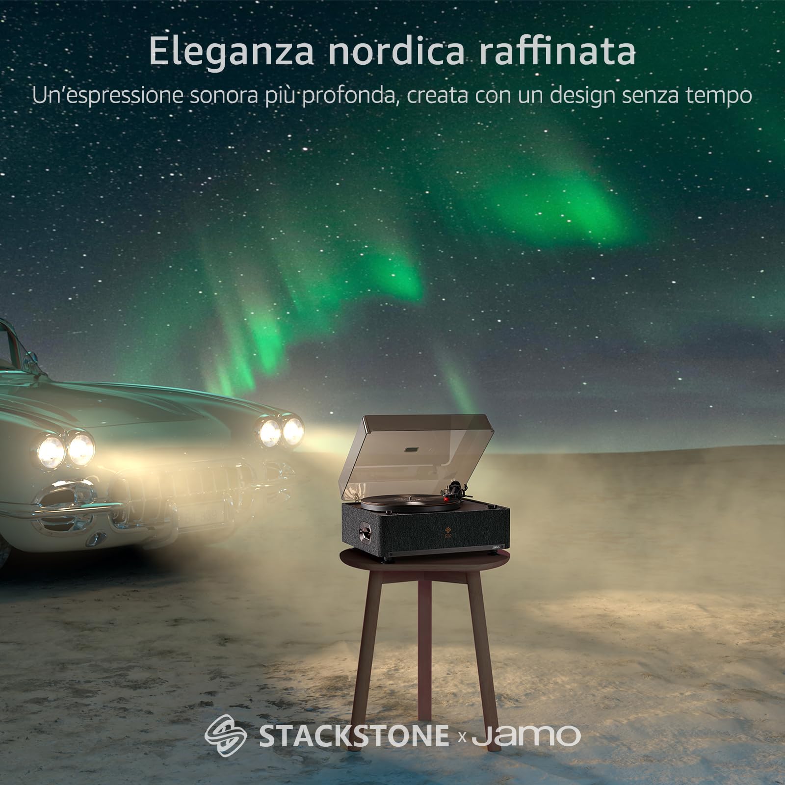 STACK STONE SS08 x Jamo Giradischi Vinili, Giradischi con Altoparlanti Hi-Fi Camera Acustica Ampia, Bluetooth 5.3 Streaming, Anti-Vibrazione a Doppio Strato, Testina Magnetica AT-91R, 33/45 RPM