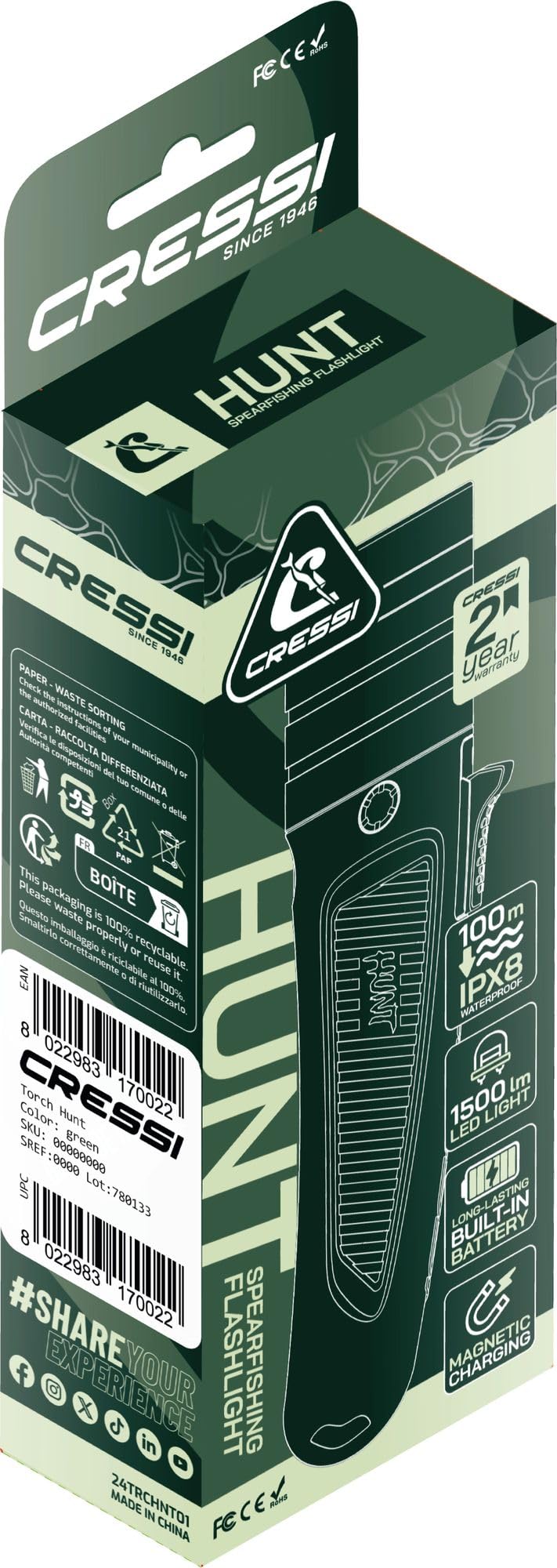Cressi Hunt Torch 1600 Camouflage - Torche sous Marine LED Rechargeable, Haute Luminosité 1600 Lumens, Imperméable IPX8 100m, Plongée, Pêche, Exploration Aquatique, Camouflage, Taille Unique, Unisex
