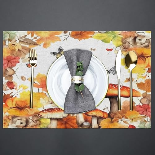 Miniatura 6 de Juego de 6 manteles individuales de otoño con diseño de hongos y mariposas, lavables, resistentes al calor, 12 x 18 pulgadas, antideslizantes,