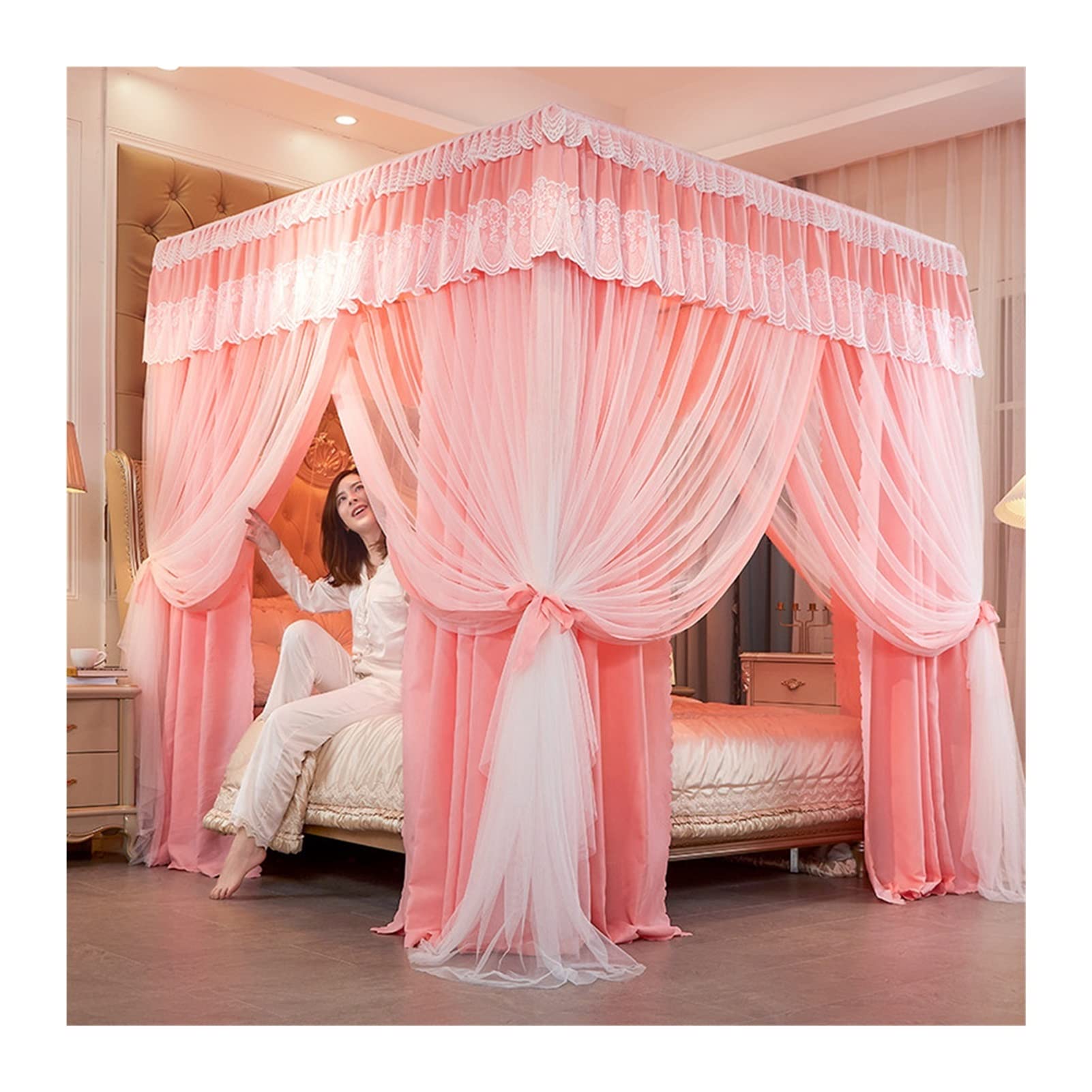 GTHTUHFD Bed Canopy Bedroom Bed Mosquito Net, High-Density Mesh 360° Wrapped Bed Canopy, Girl Bedroom Decorative Bed Curtain,Pink-150x200x200cm